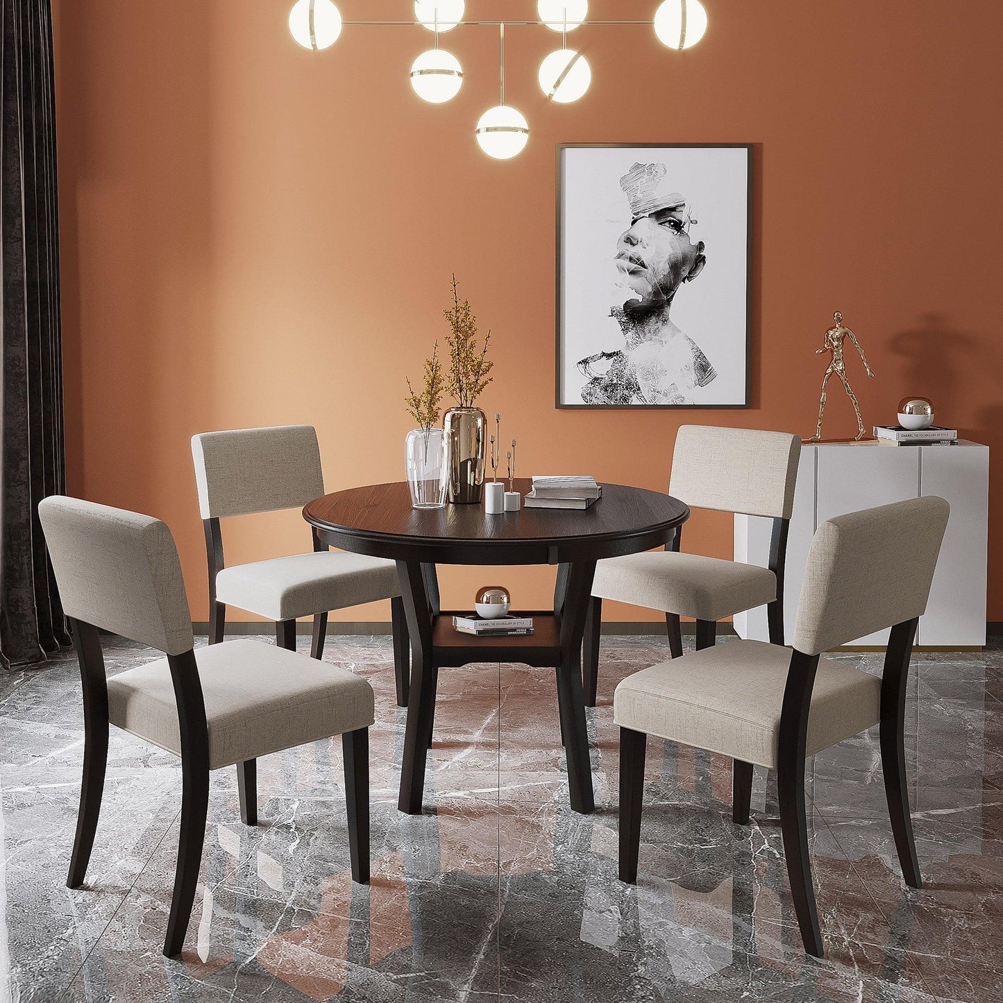 5-Piece Kitchen Dining Table Set Round Table with Bottom Shelf, 4 Upholstered Chairs for Dining Room Espresso