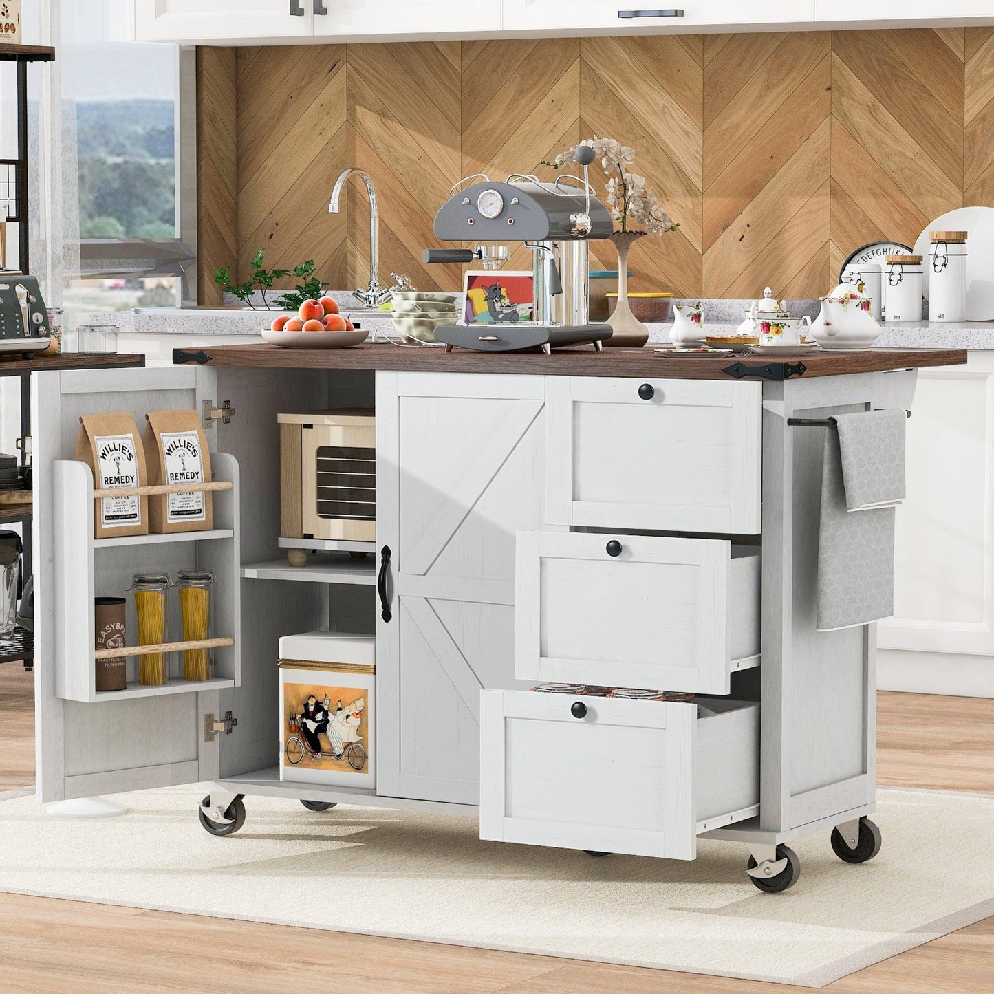 54.5" Rustic Farmhouse Kitchen Island with Power Outlet and Storage, Rolling Cart with Drop Leaf and Spice Rack, White Wood Finish