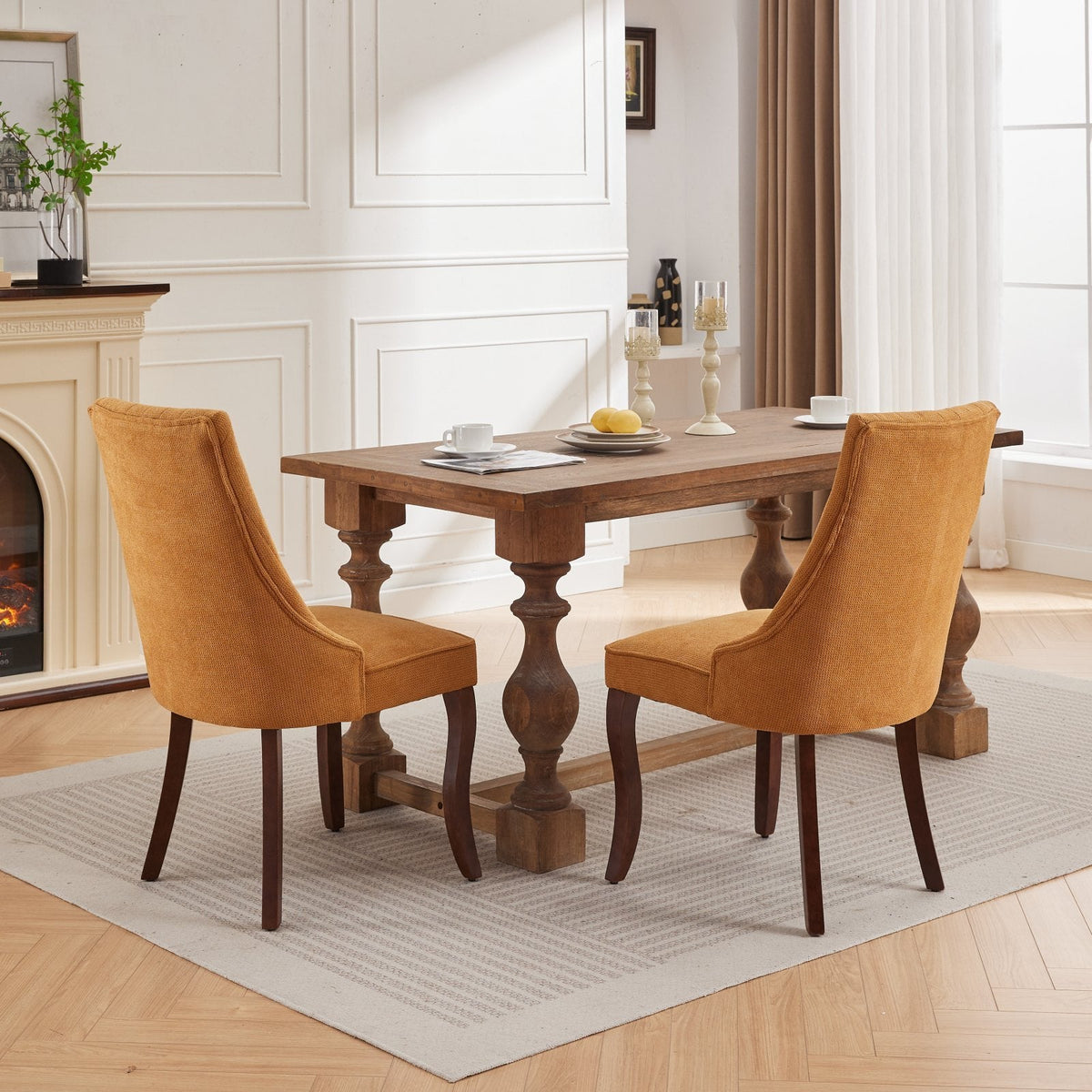 Set of 2 rayon flocking linen dining chairs with high back support