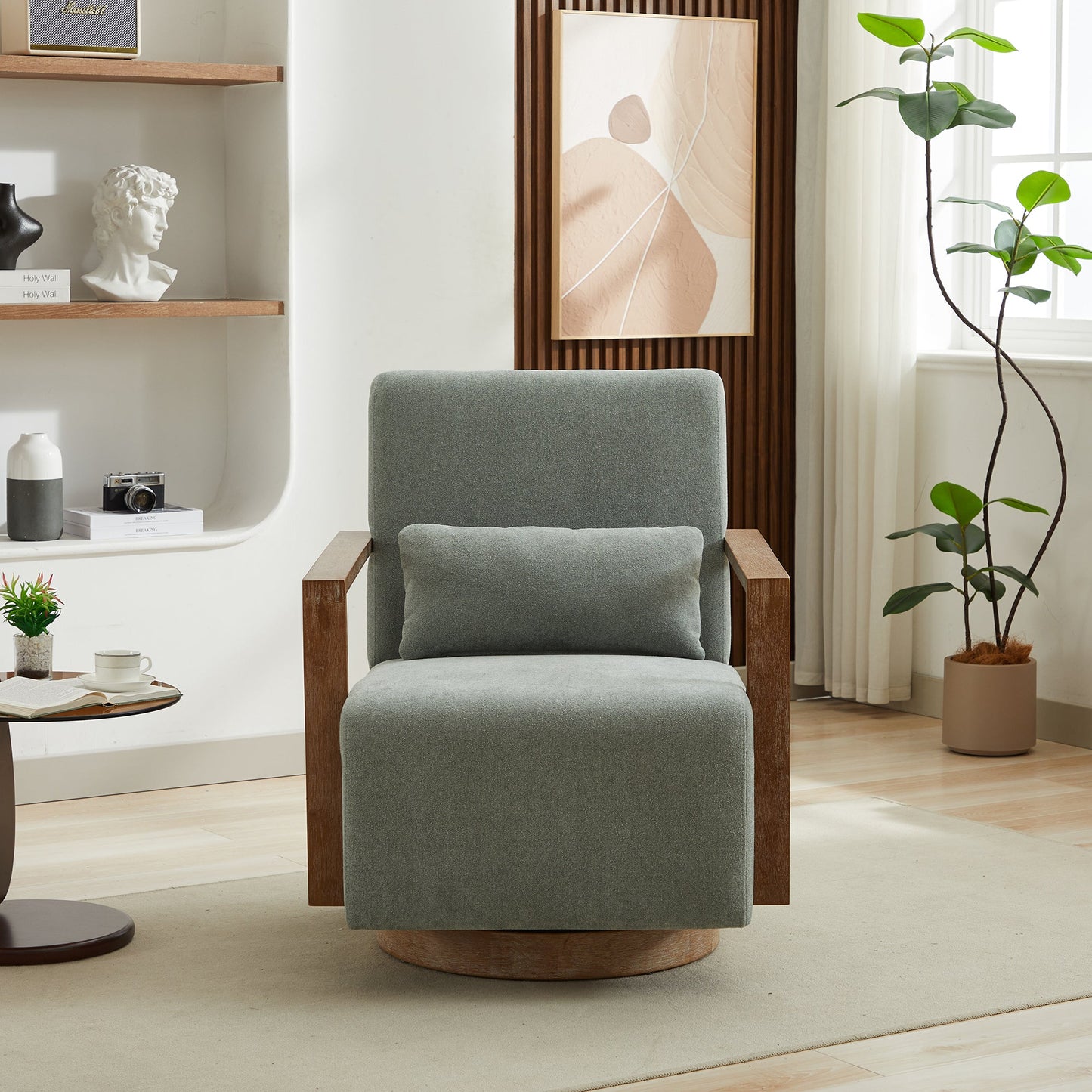 Contemporary Swivel Accent Chair with Solid Wood Armrests and Linen Blend Upholstery