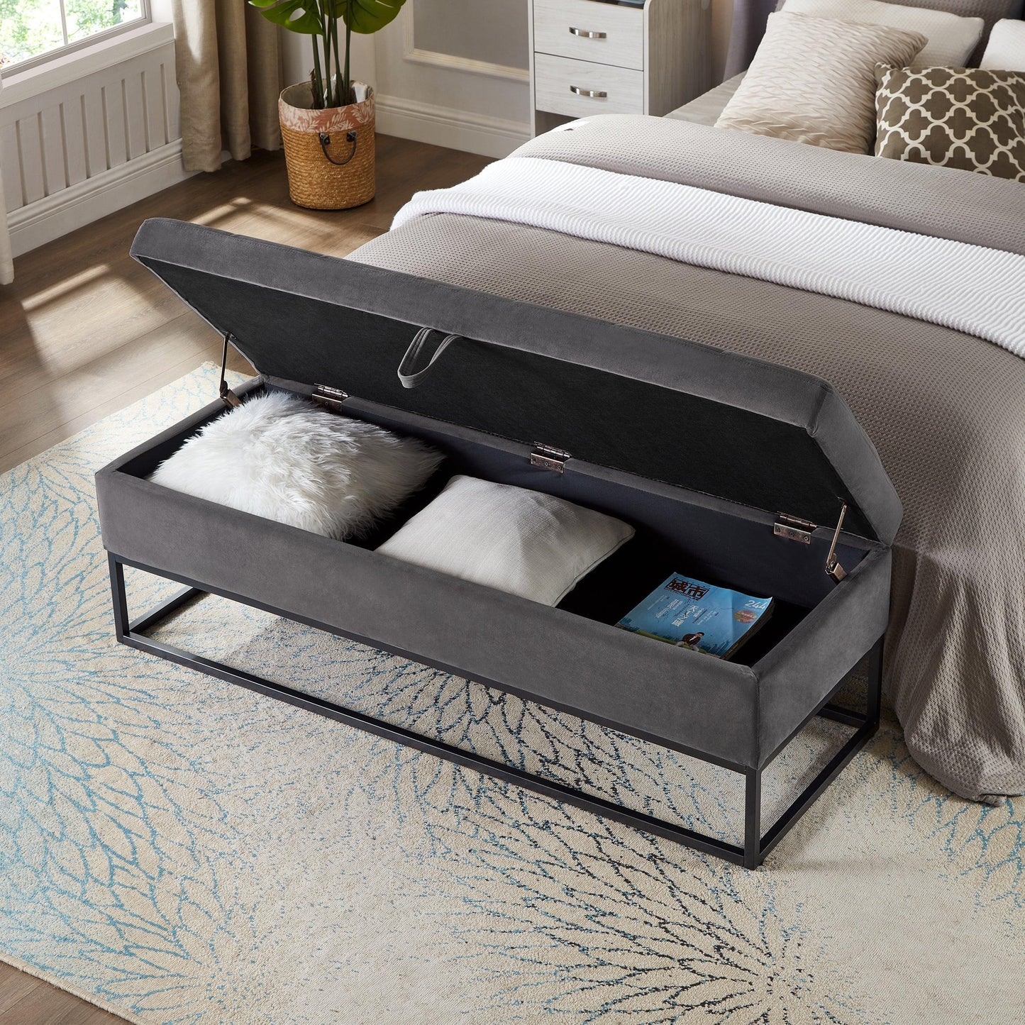 Bed Bench Metal Base with Storage Grey Velvet