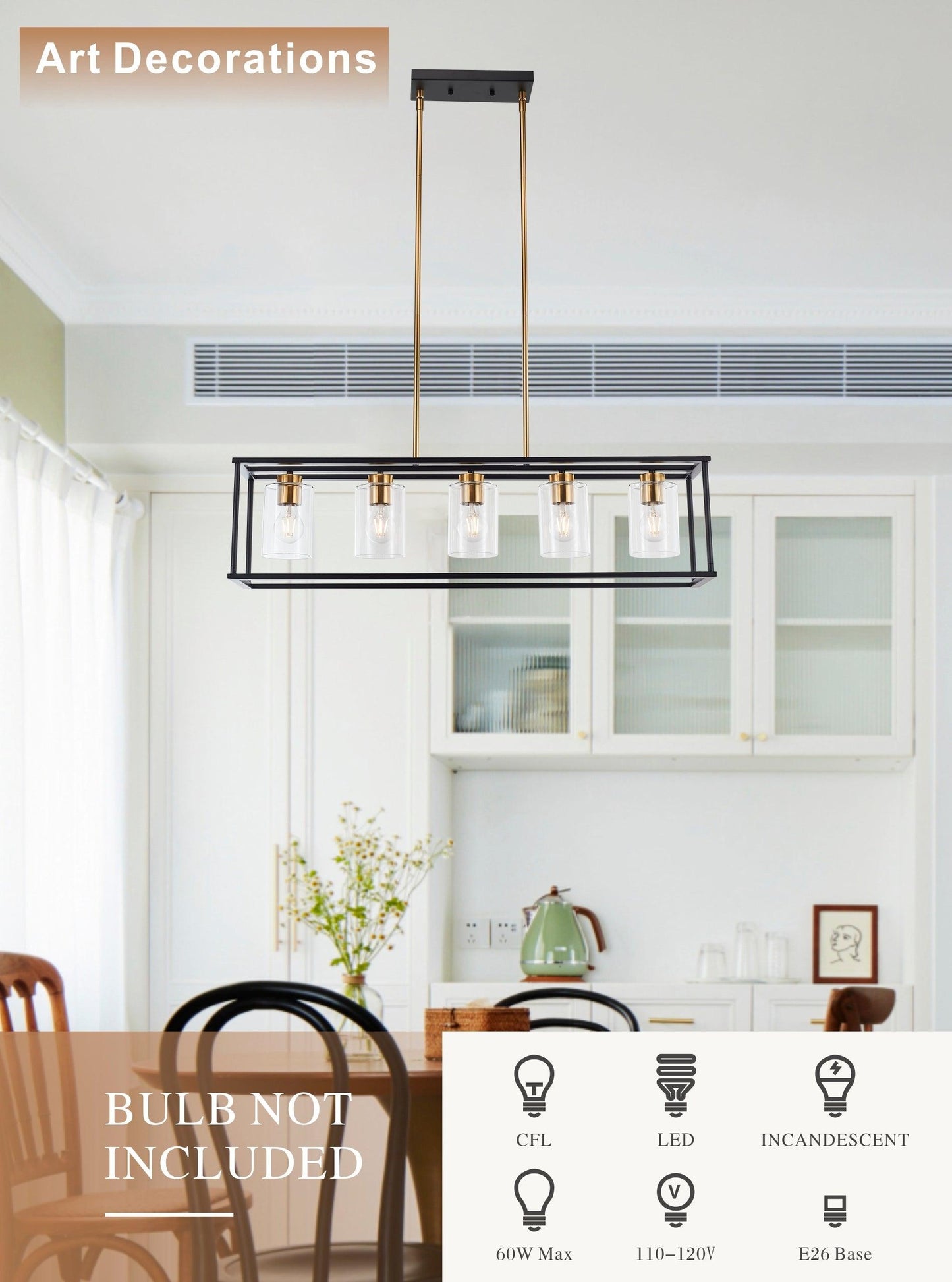 5-Light Distinctive Industrial Farmhouse Rectangular Pendant Chandelier with Clear Glass Shade in Antique Brass and Matte Black Finish for Dining Room and Kitchen Island