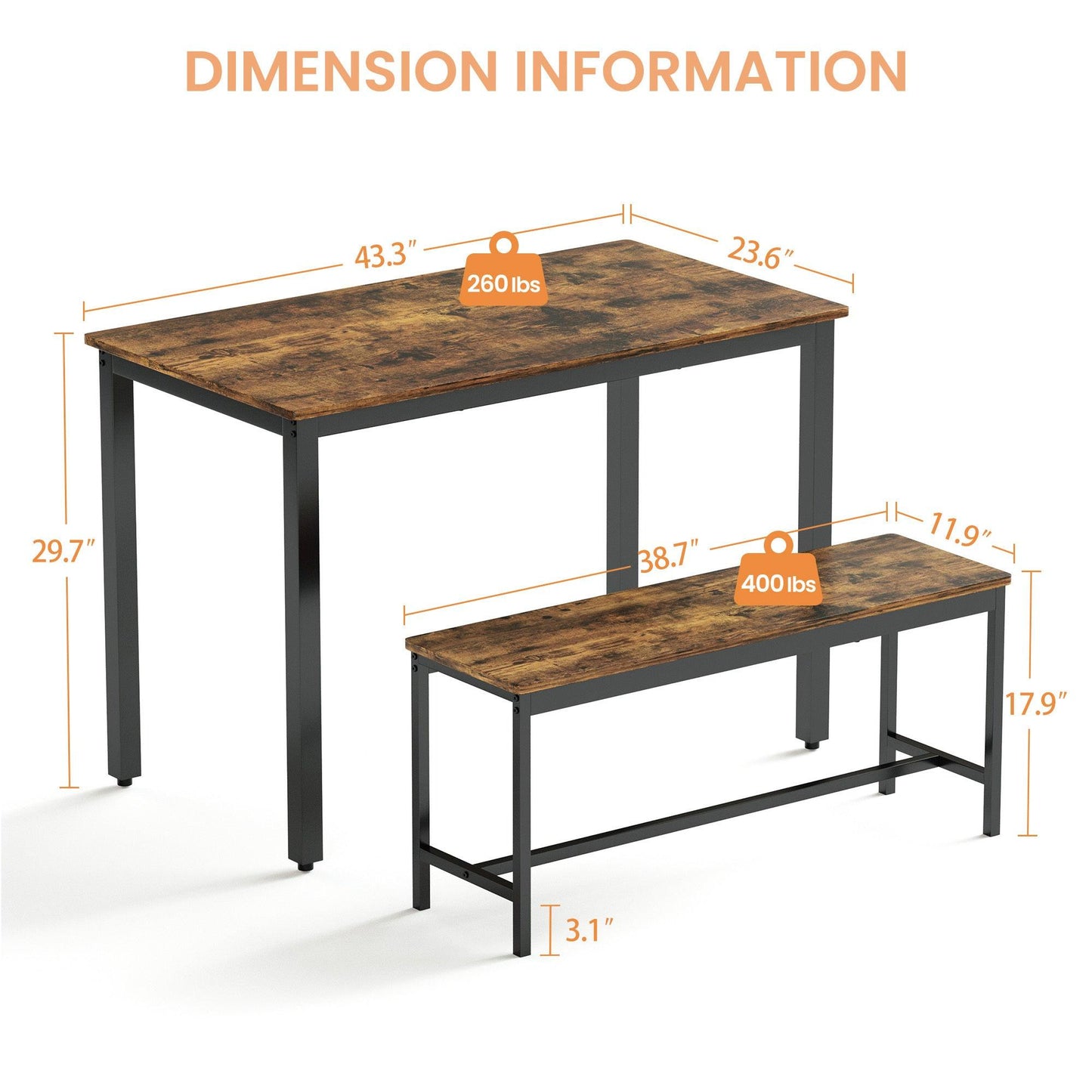 Rustic Industrial Dining Table Set with Benches for Kitchen, Living Room, and Party Spaces - Space-Saving Design, Easy Assembly, 4-Person Capacity