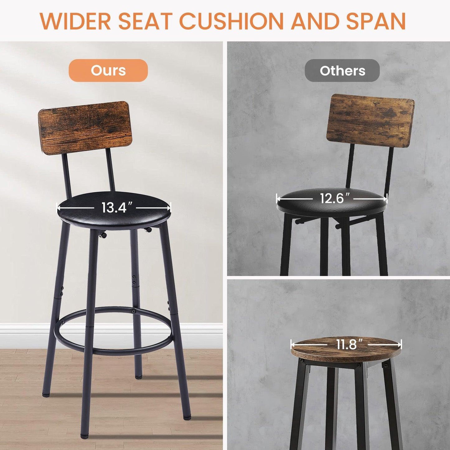 Rustic Brown Upholstered Bar Stool Set with Shelf and Backrest