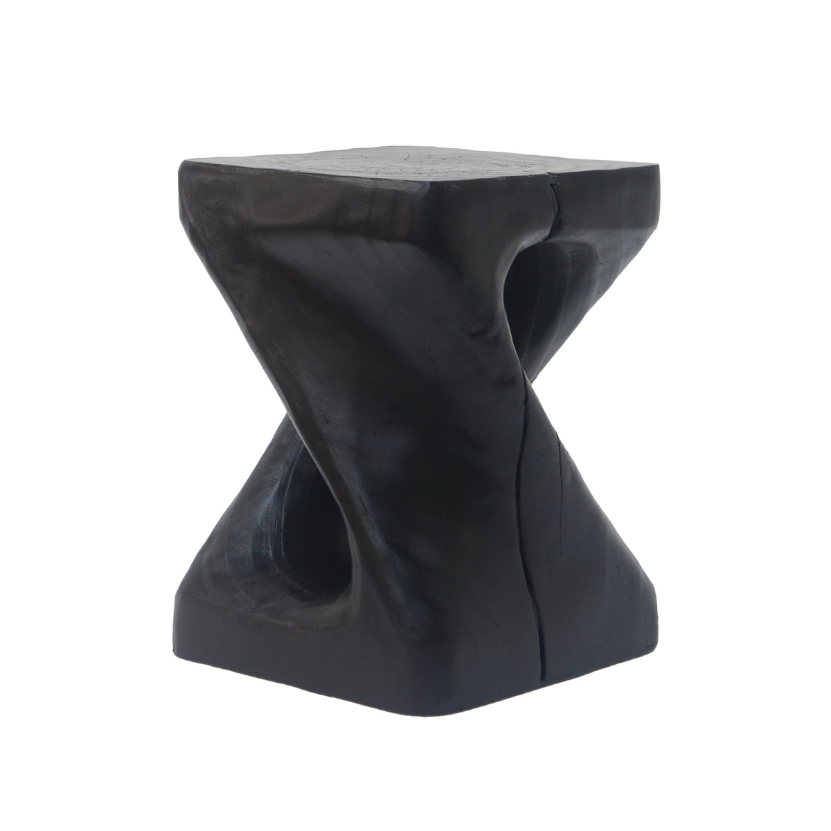 Black MGO side table with twisting shape and wood grain texture