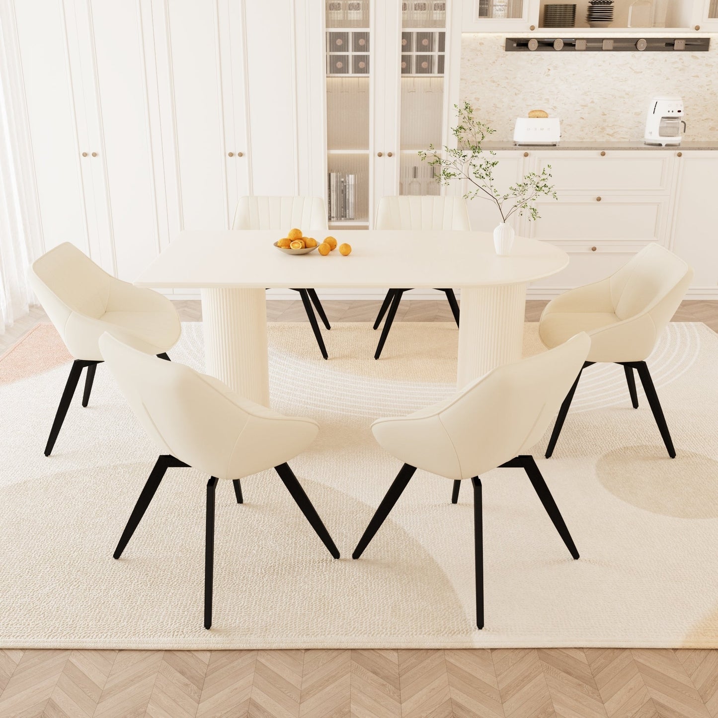 63" Elegant Cream MDF Dining Table with 6 Beige PU Dining Chairs and Black Metal Legs - Perfect for Kitchen & Home Use