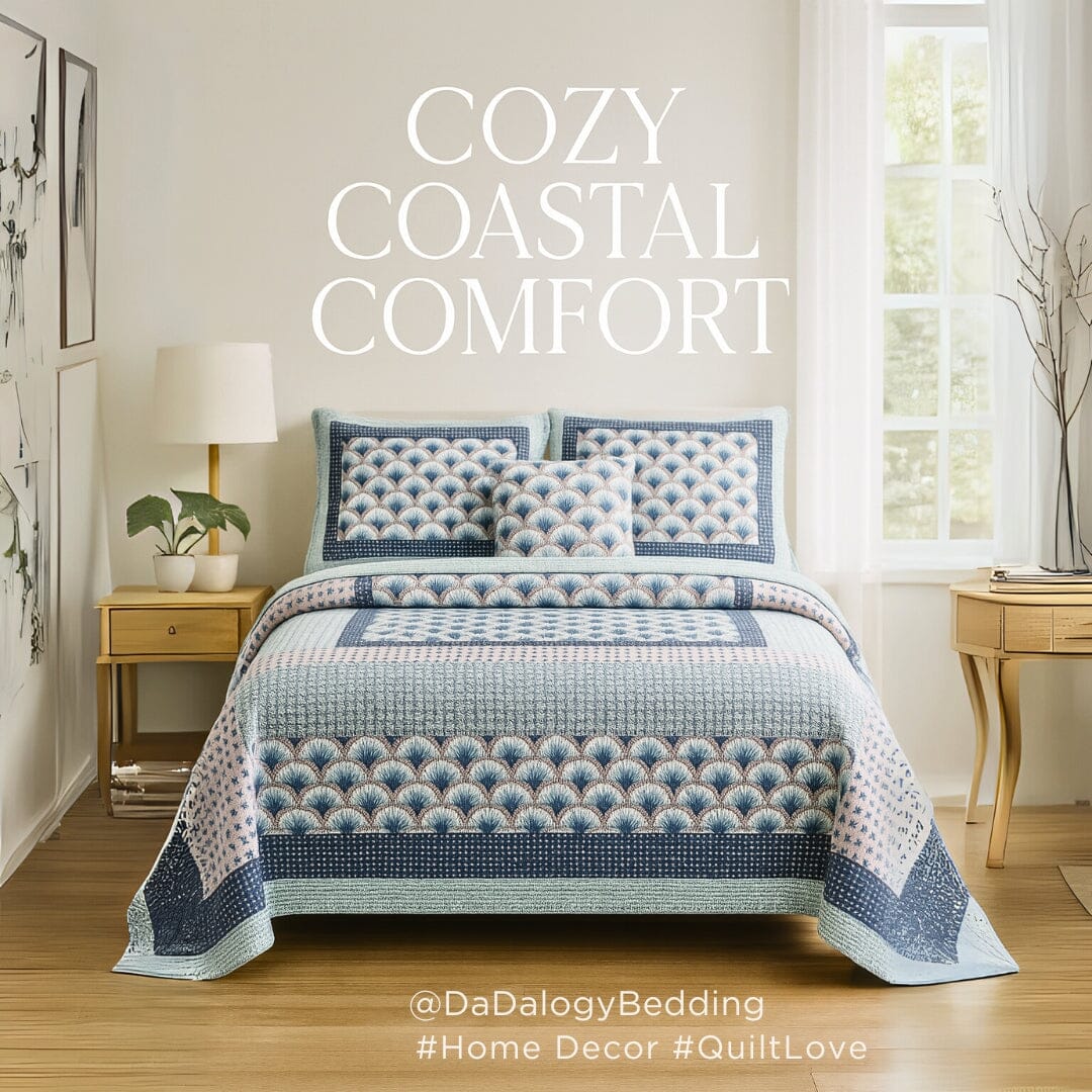 Blue and green Mediterranean patchwork quilted bedspread set.