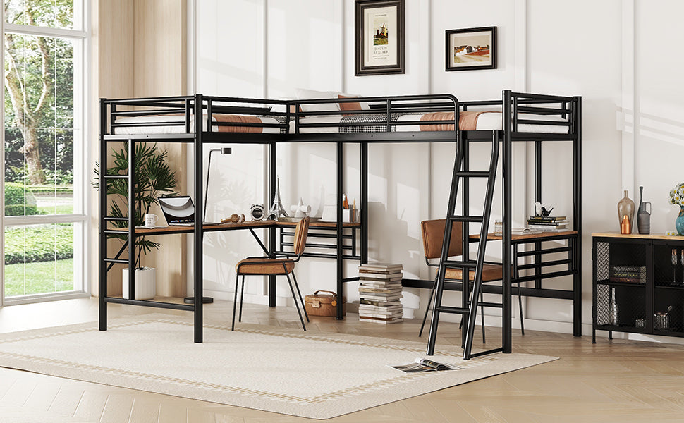 Twin Size Metal Loft Bed With Two Built-in Desks Black