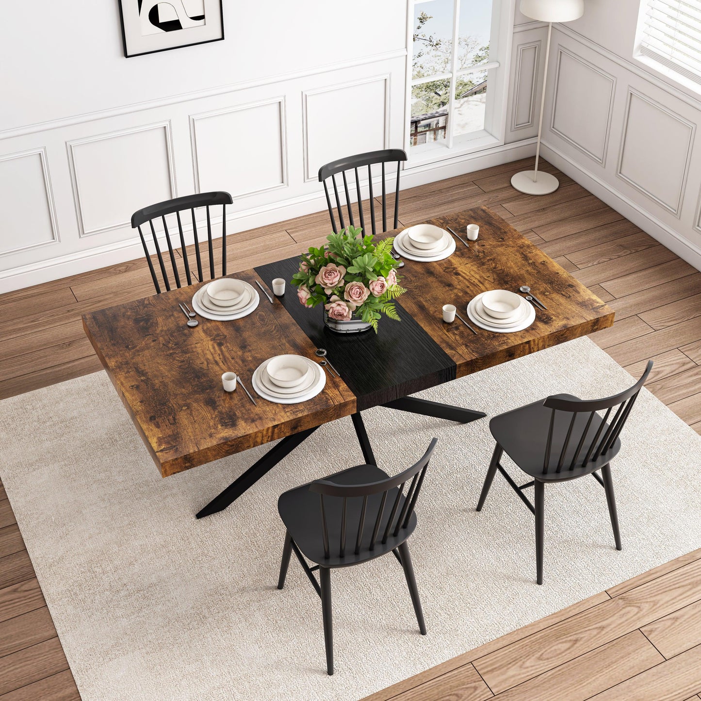 Expandable Retro Rectangular Dining Table with Antique Wood Top and Black Iron Base, Includes Storage Box, Seats 6