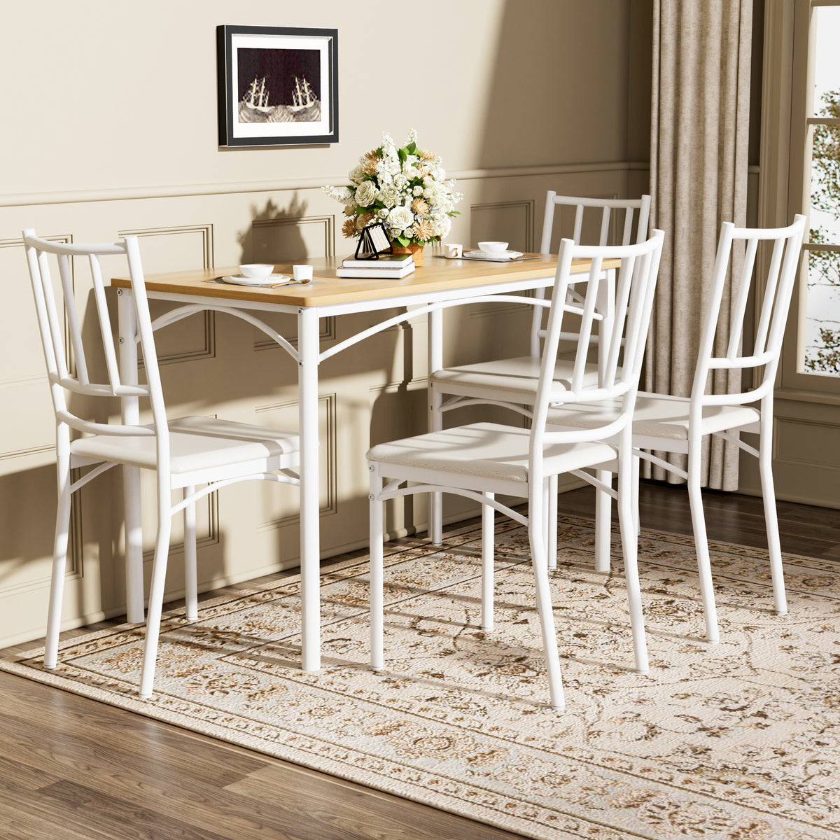 Industrial bar height dining table set with natural white finish and four benches.