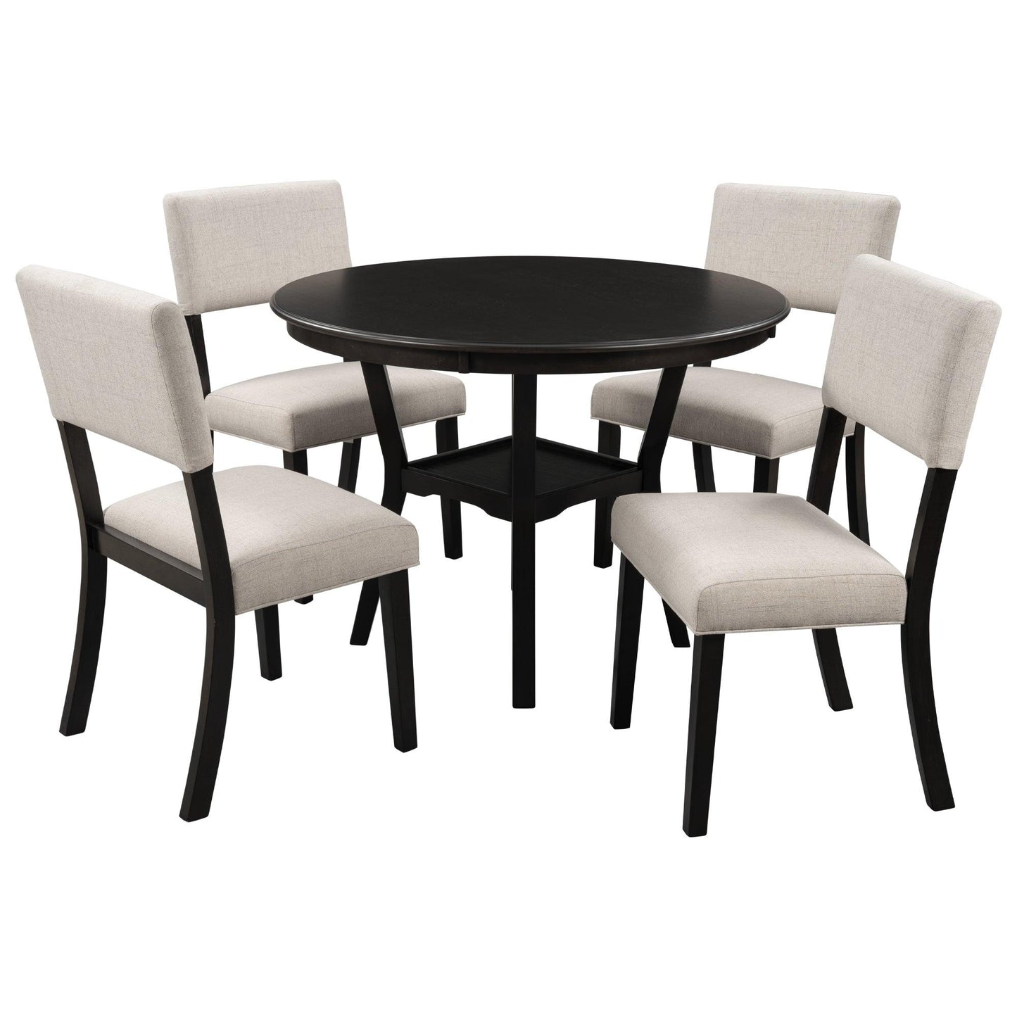 5-Piece Kitchen Dining Table Set Round Table with Bottom Shelf, 4 Upholstered Chairs for Dining Room Espresso