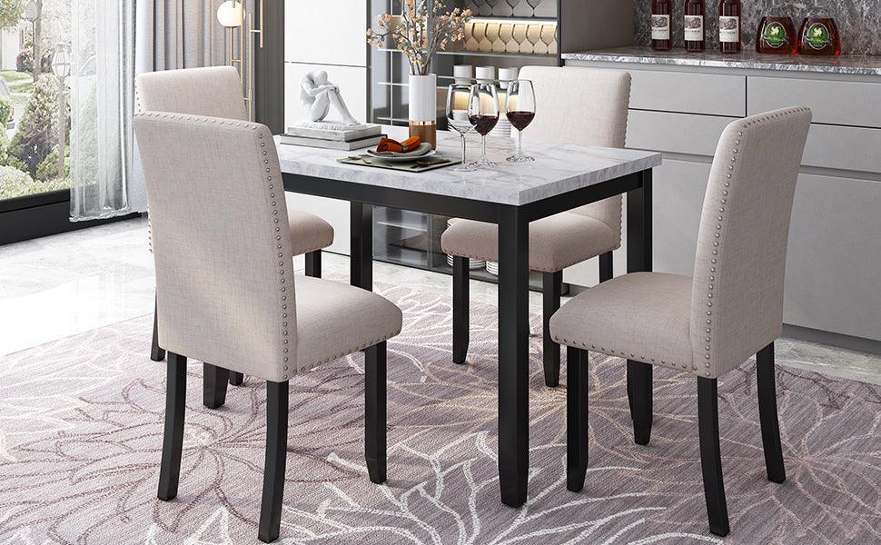 Faux Marble 5-Piece Dining Set with 4 Cushioned Chairs