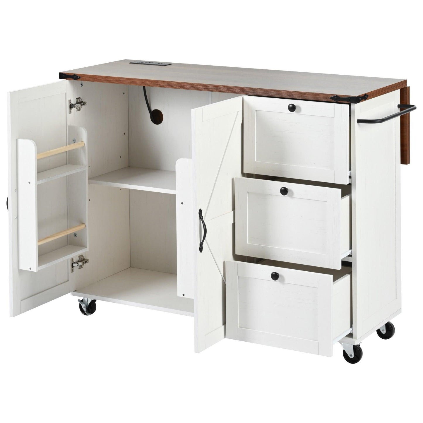 54.5" Rustic Farmhouse Kitchen Island with Power Outlet and Storage, Rolling Cart with Drop Leaf and Spice Rack, White Wood Finish