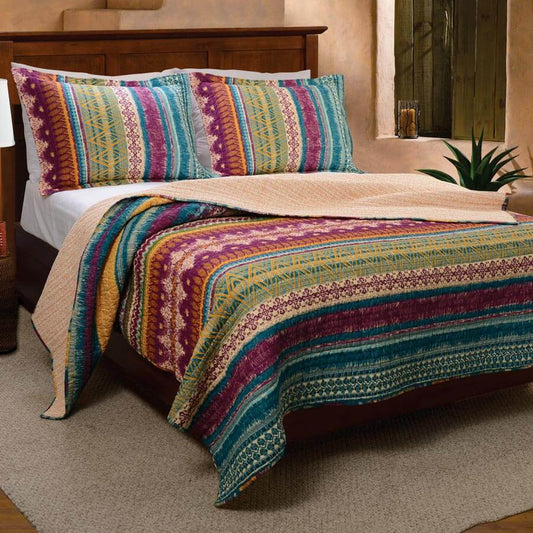 Bright and stylish, the Desert Vista Quilt Sets feature a modern stripe design perfect for a southwestern lodge bedroom.