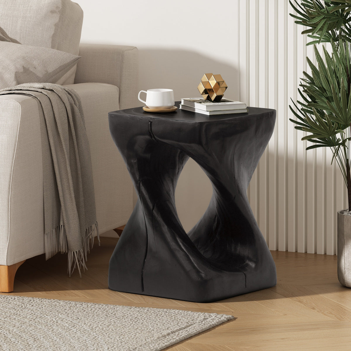 Black MGO side table with twist shape and wood grain texture