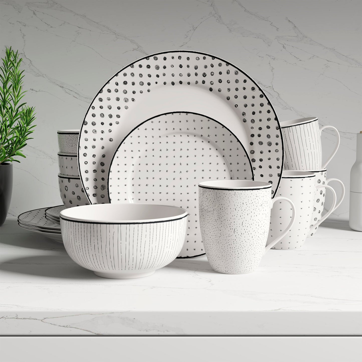 Dinnerware Set 12 Piece Black and White Service for 4