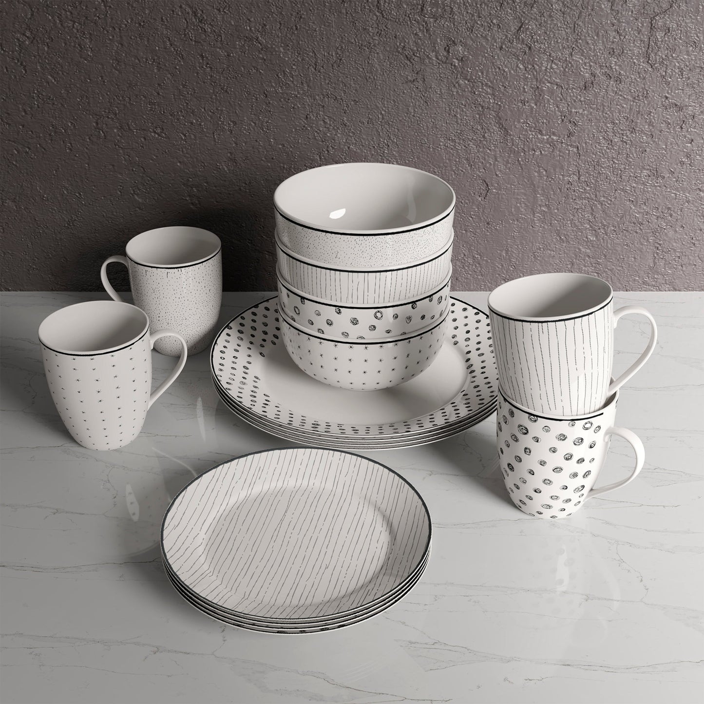 Dinnerware Set 12 Piece Black and White Service for 4