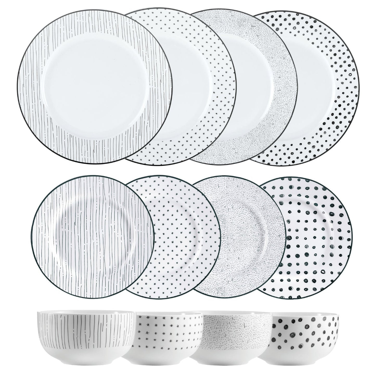 Dinnerware Set 12 Piece Black and White Service for 4