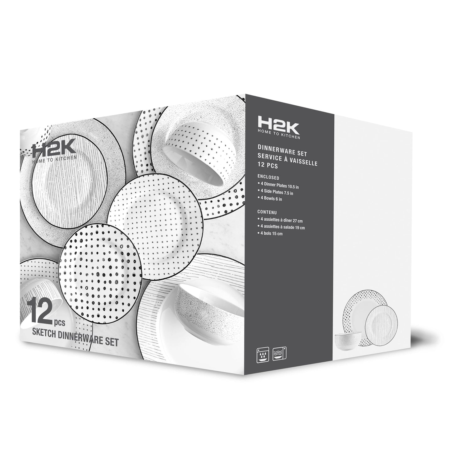 Dinnerware Set 12 Piece Black and White Service for 4