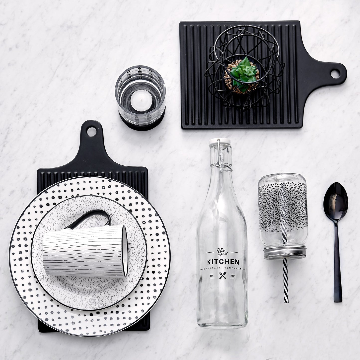 Dinnerware Set 12 Piece Black and White Service for 4