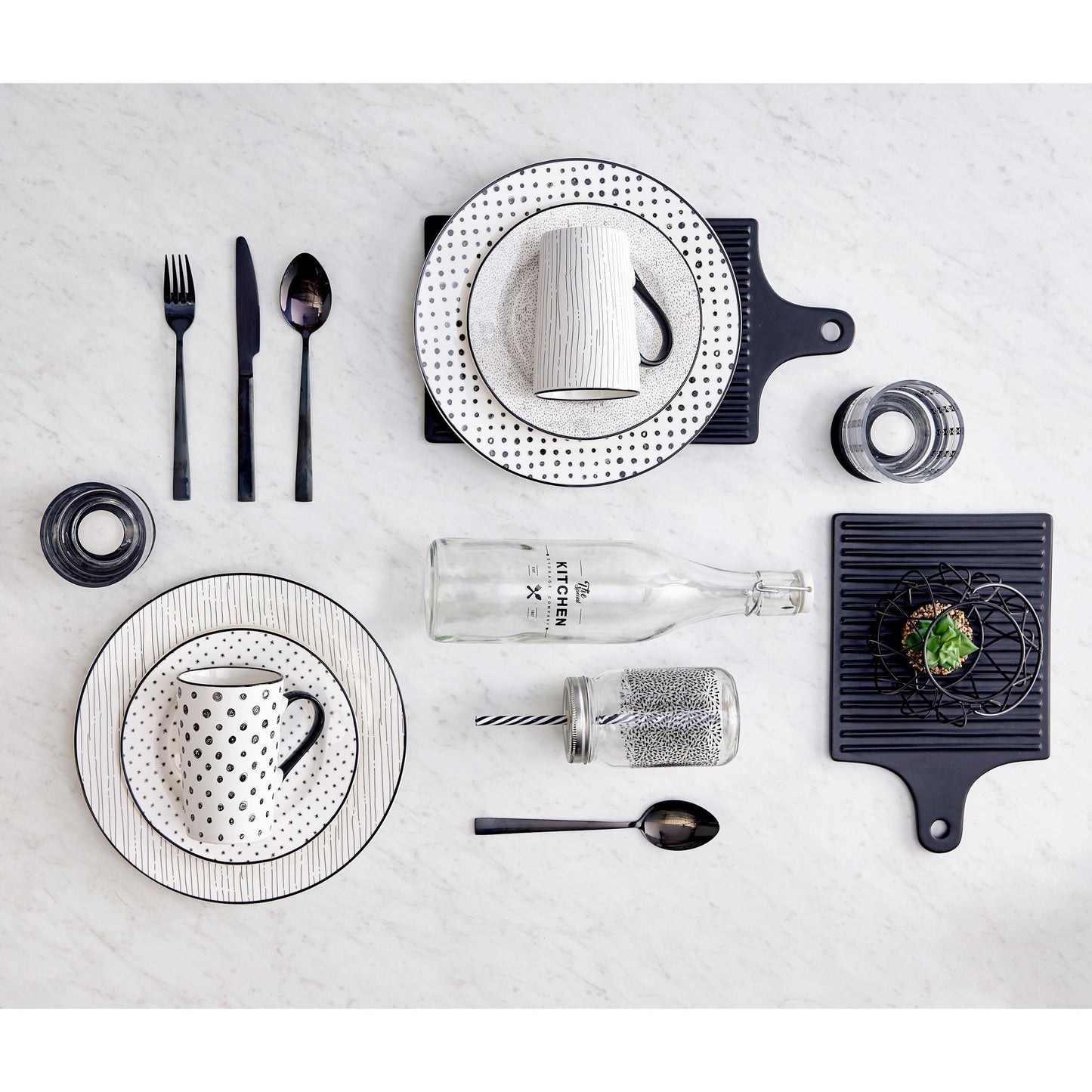 Dinnerware Set 12 Piece Black and White Service for 4