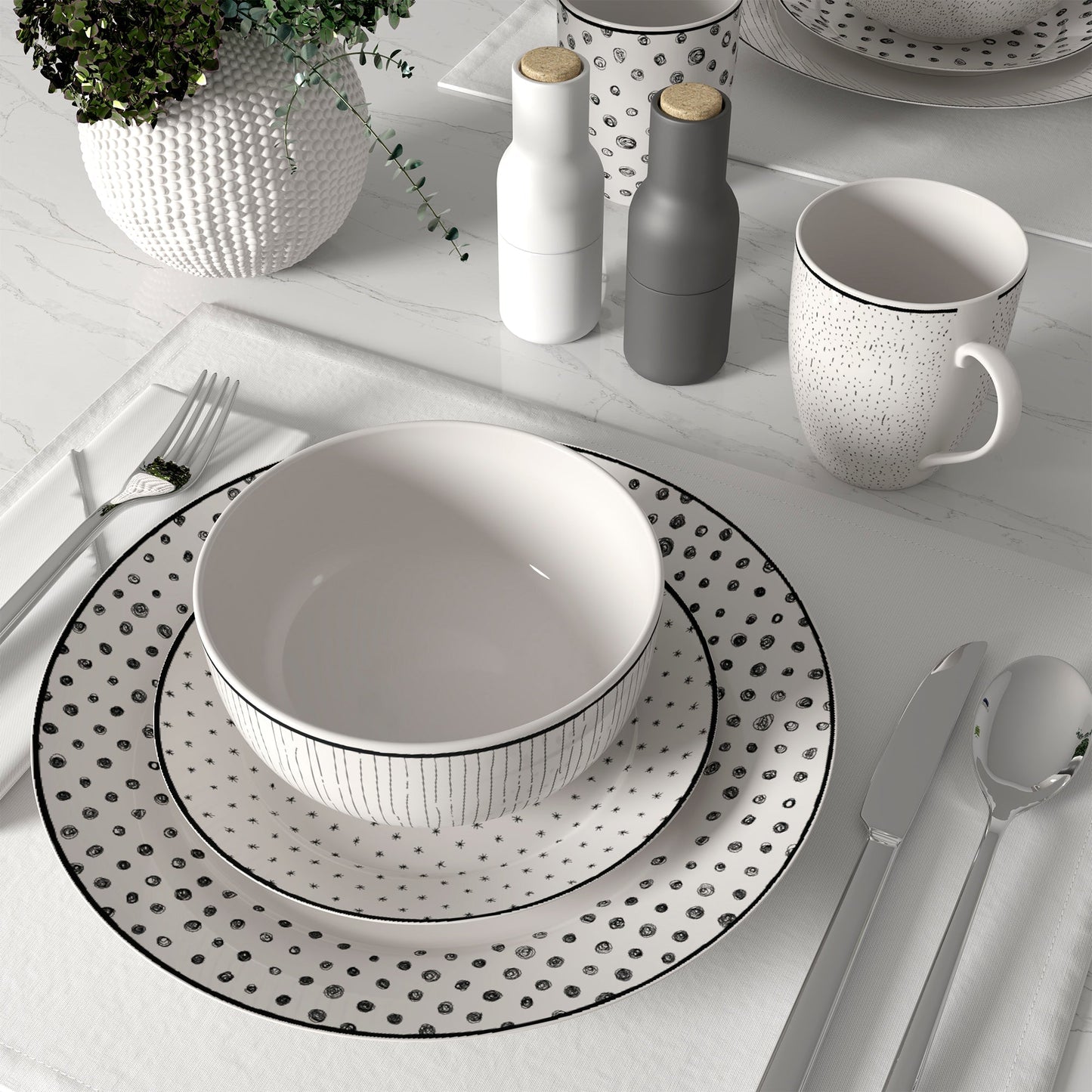 Dinnerware Set 12 Piece Black and White Service for 4