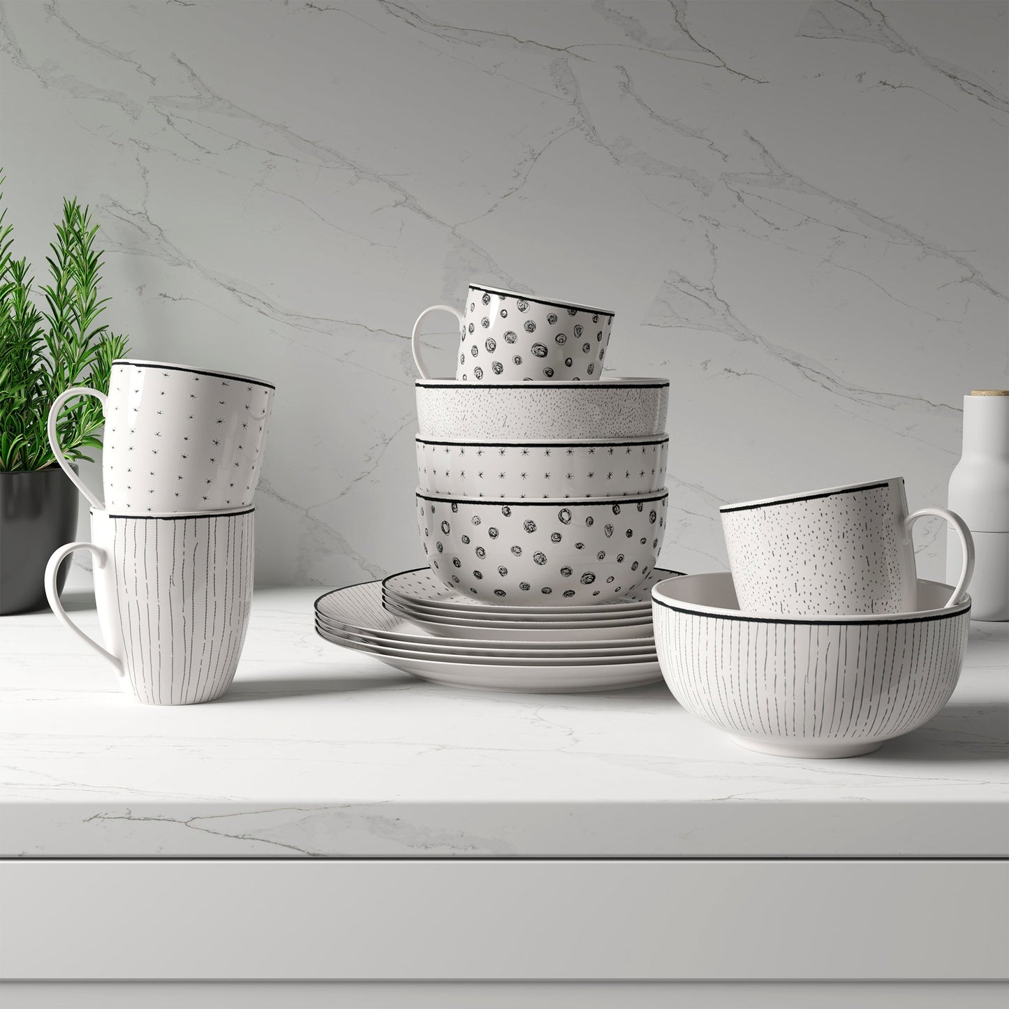 Dinnerware Set 12 Piece Black and White Service for 4