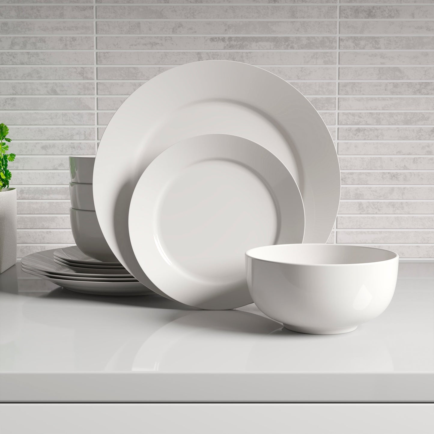 Plain White 12 Piece Dinnerware Set Round Rim Service For Four
