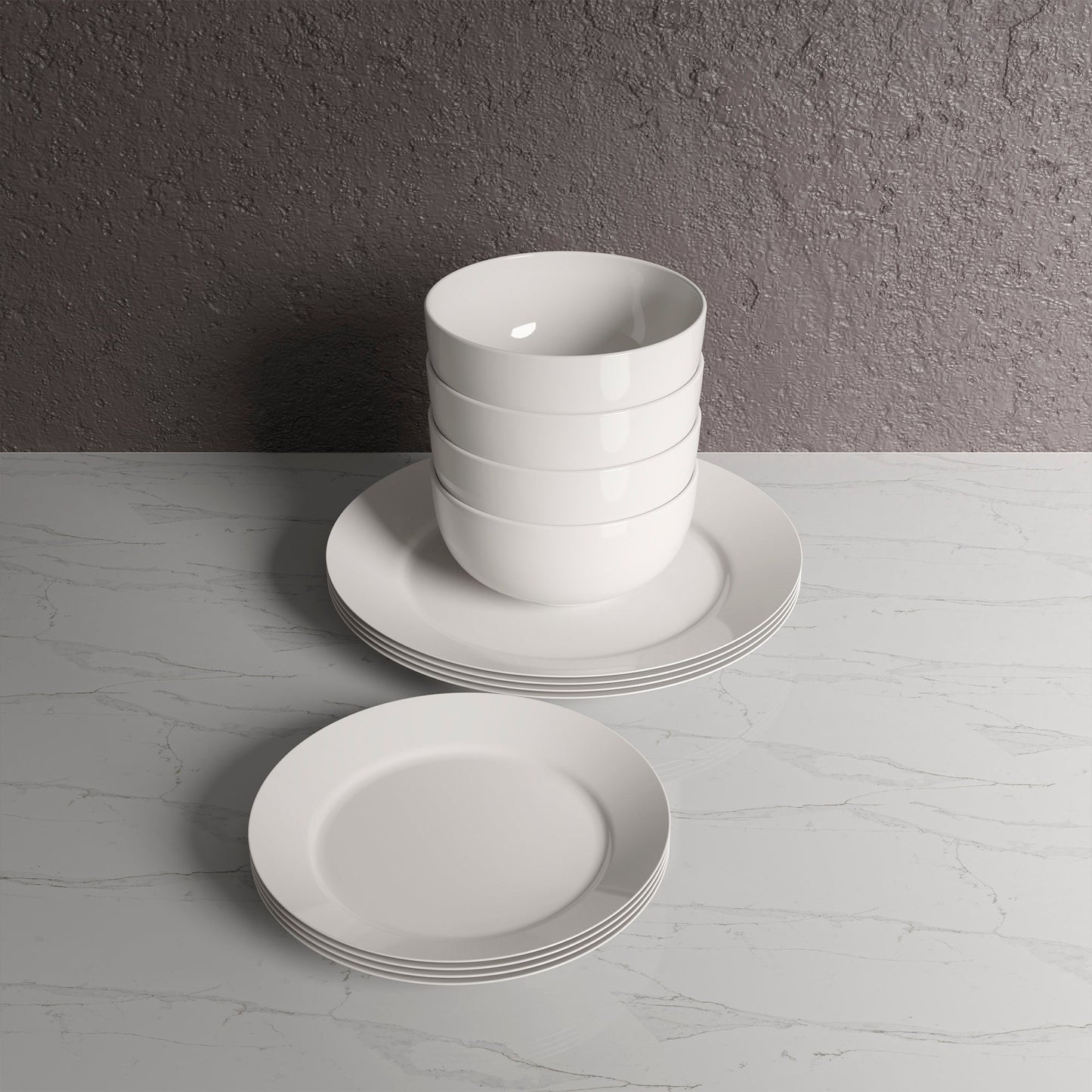 Plain White 12 Piece Dinnerware Set Round Rim Service For Four