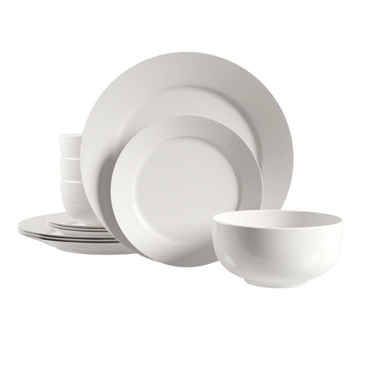 Plain White 12 Piece Dinnerware Set Round Rim Service For Four