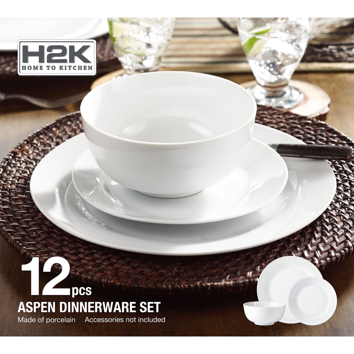 Plain White 12 Piece Dinnerware Set Round Rim Service For Four