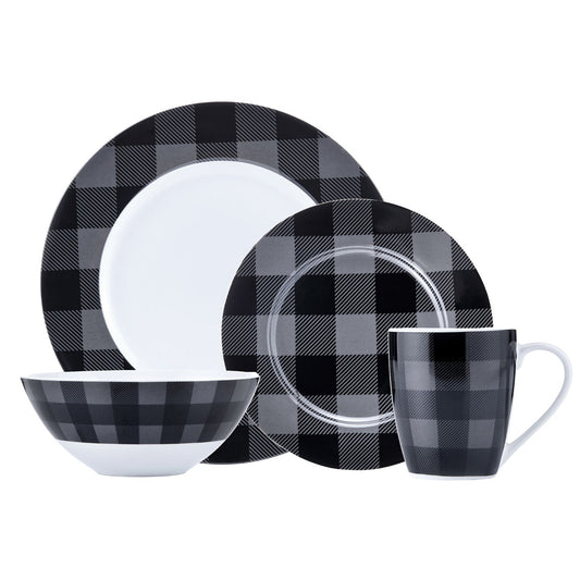 Dinnerware Set 16 Piece Buffalo Plaid Grey Black Service for 4