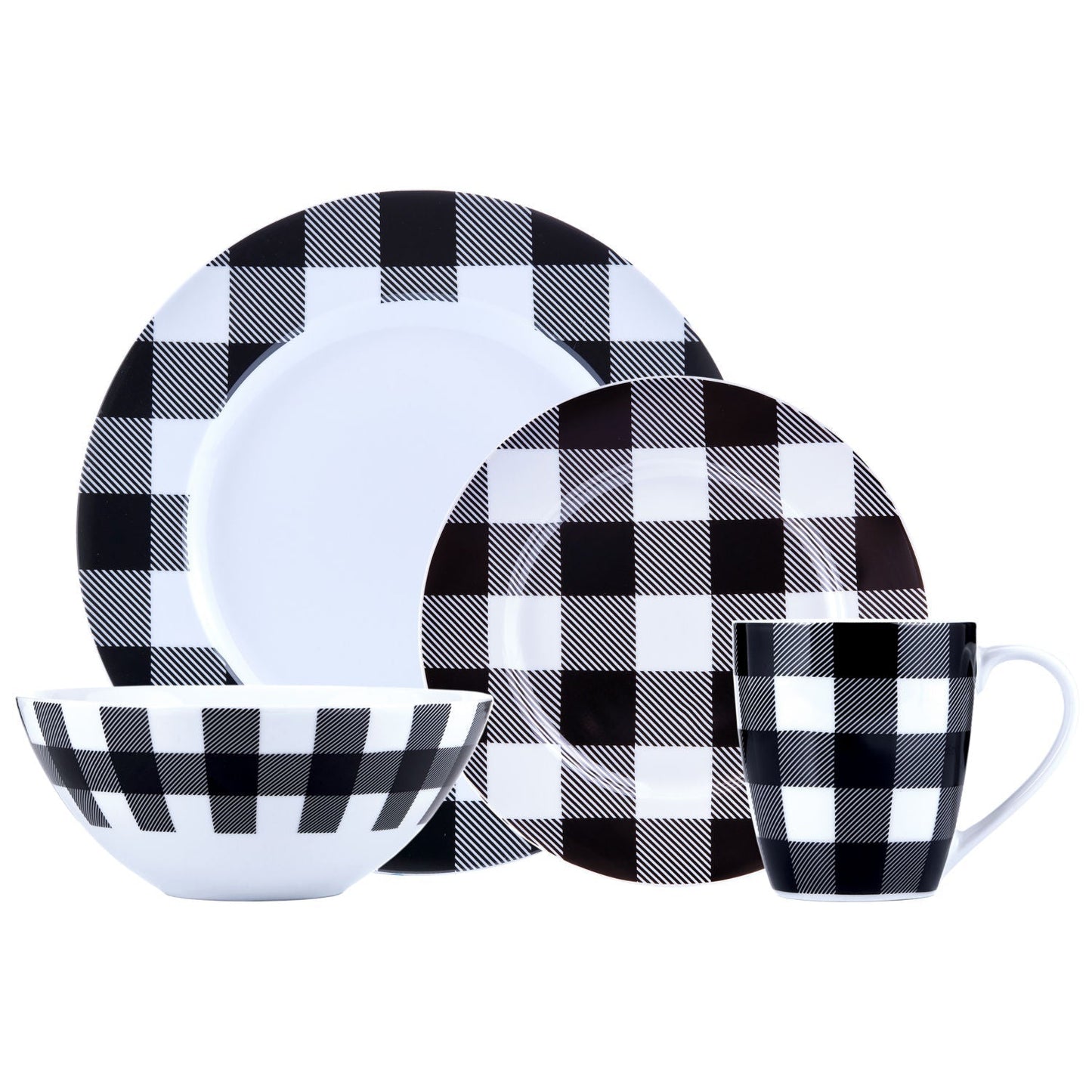 Dinnerware Set 16 Piece Buffalo Plaid White Black Service for 4