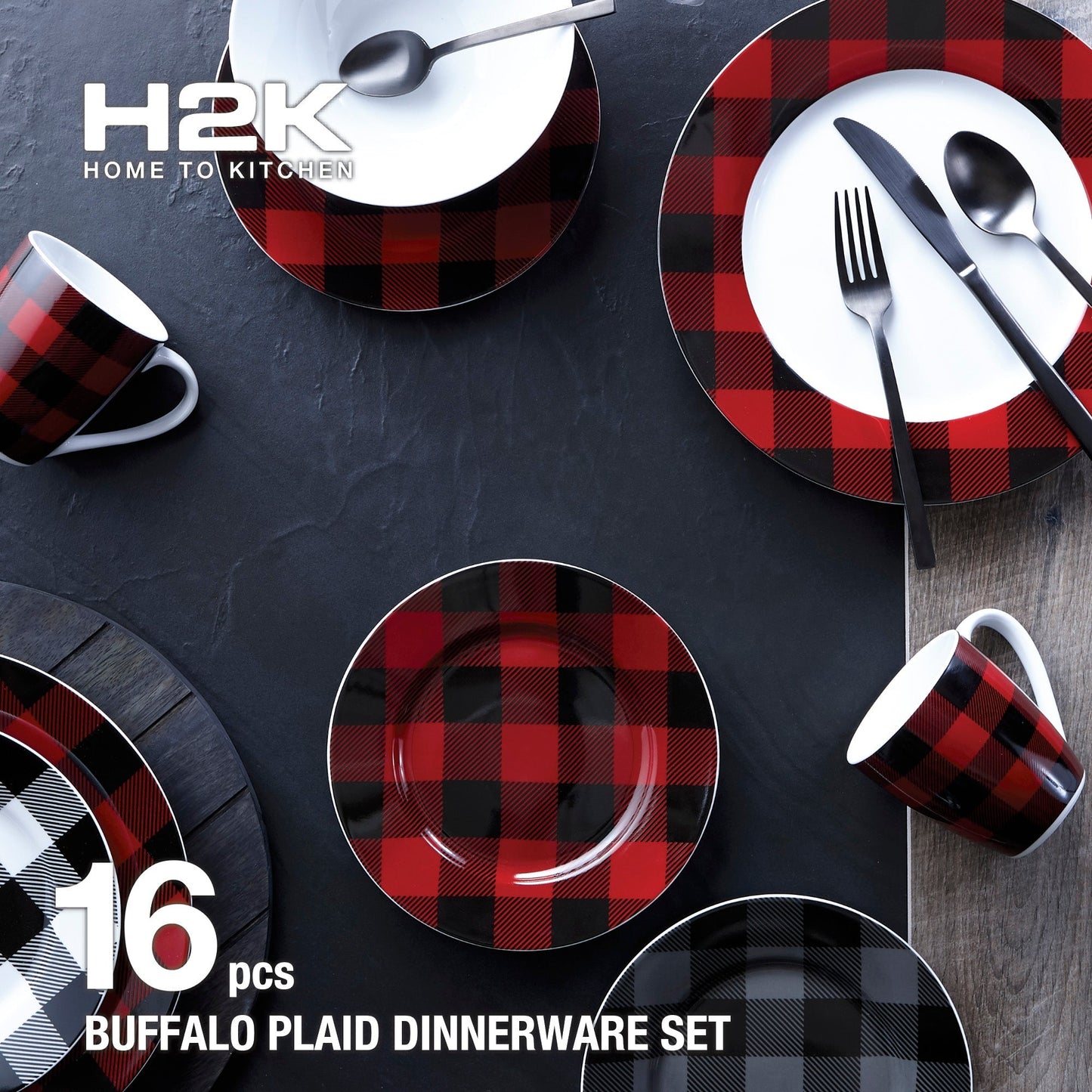 Dinnerware Set 16 Piece Buffalo Plaid White Black Service for 4