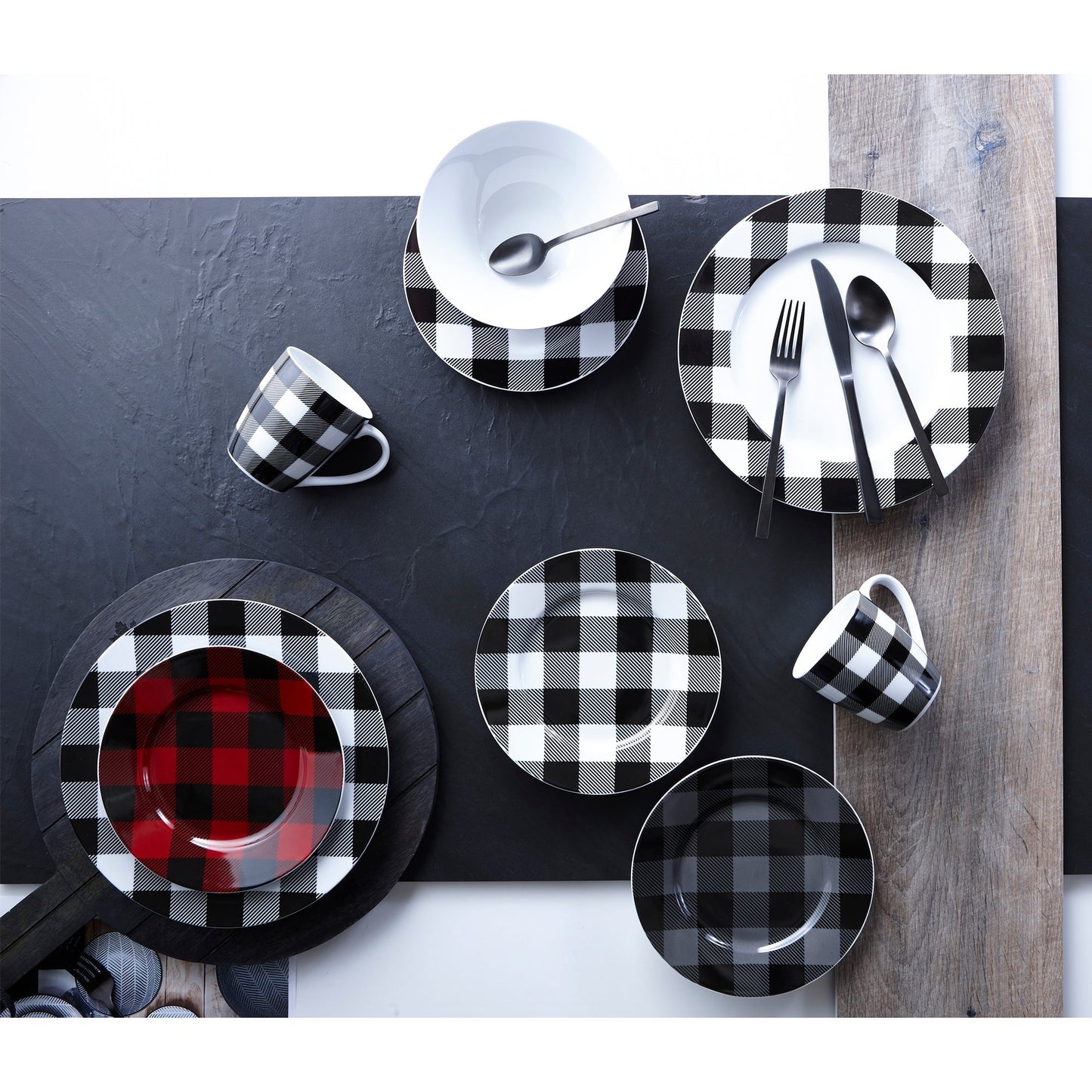 Dinnerware Set 16 Piece Buffalo Plaid White Black Service for 4