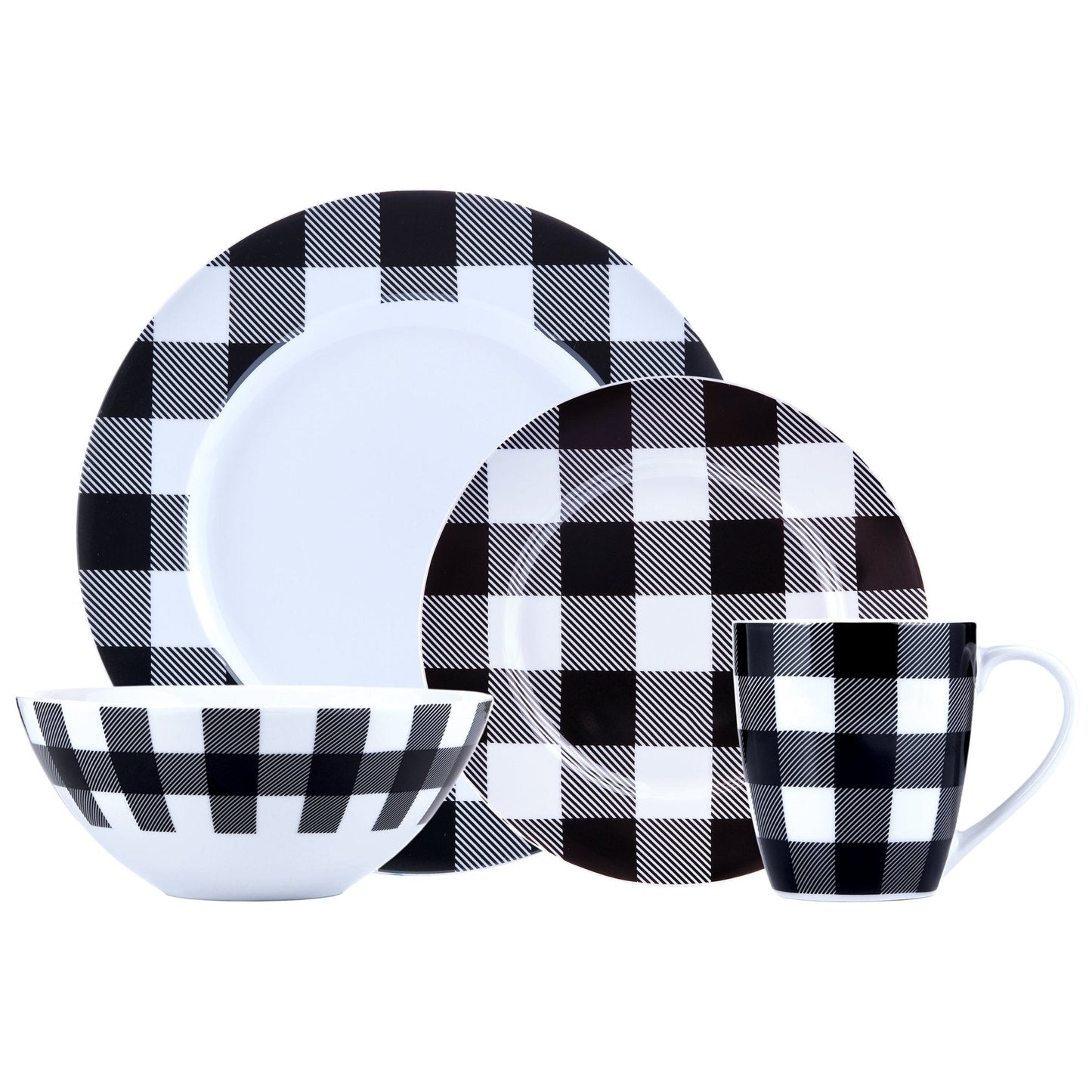 Dinnerware Set 16 Piece Buffalo Plaid White Black Service for 4