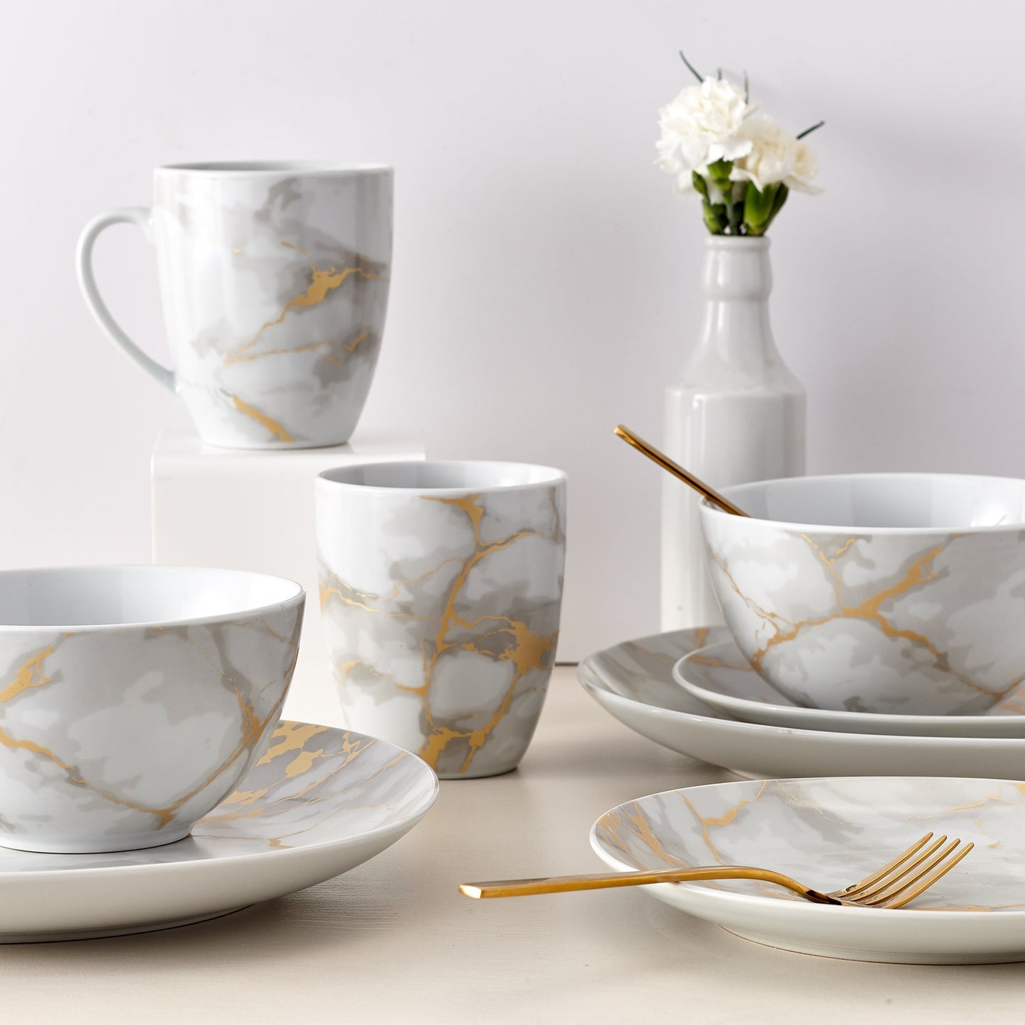 Dinnerware Set 16 Piece Coupe Porcelain Gold Marble Look Service for 4