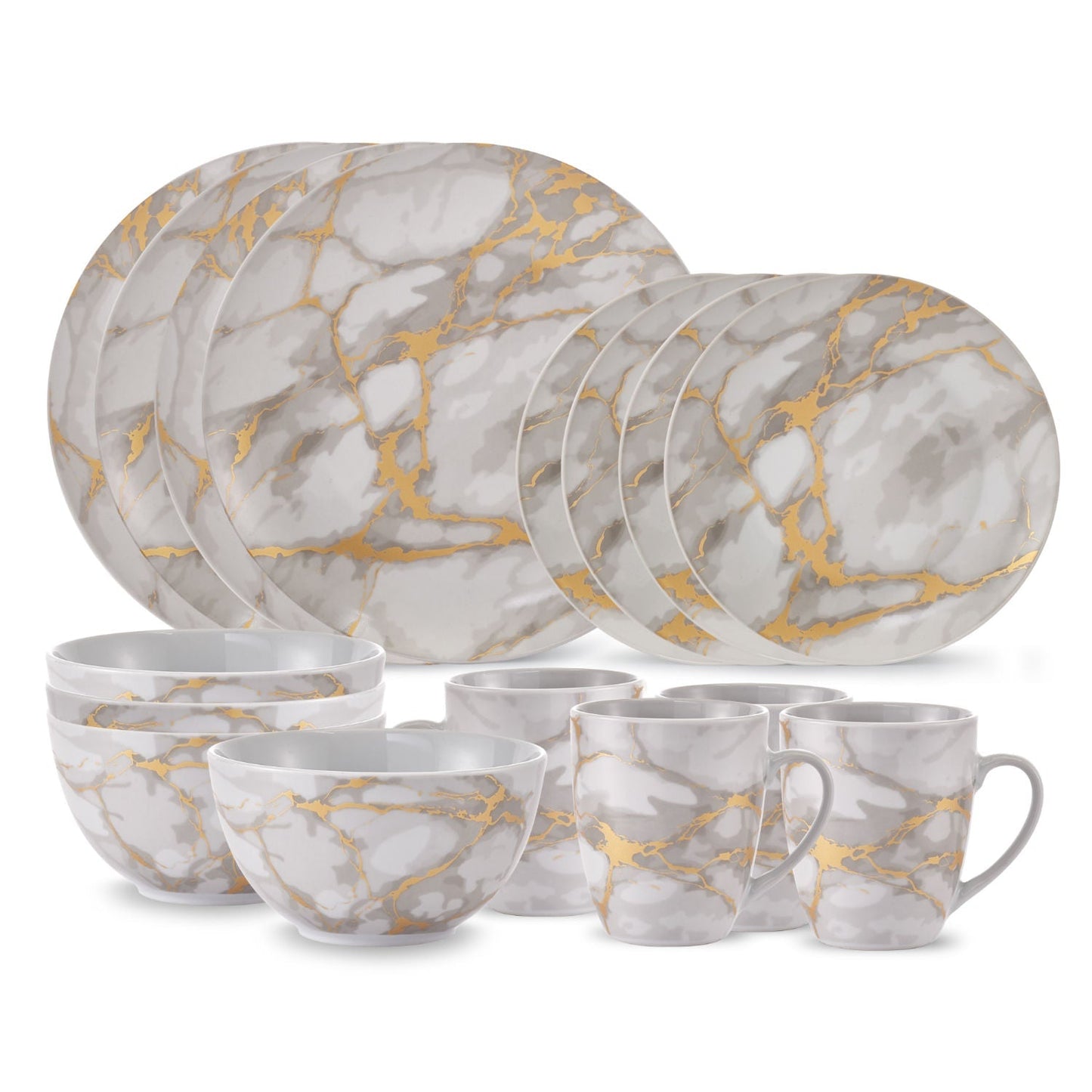 Dinnerware Set 16 Piece Coupe Porcelain Gold Marble Look Service for 4