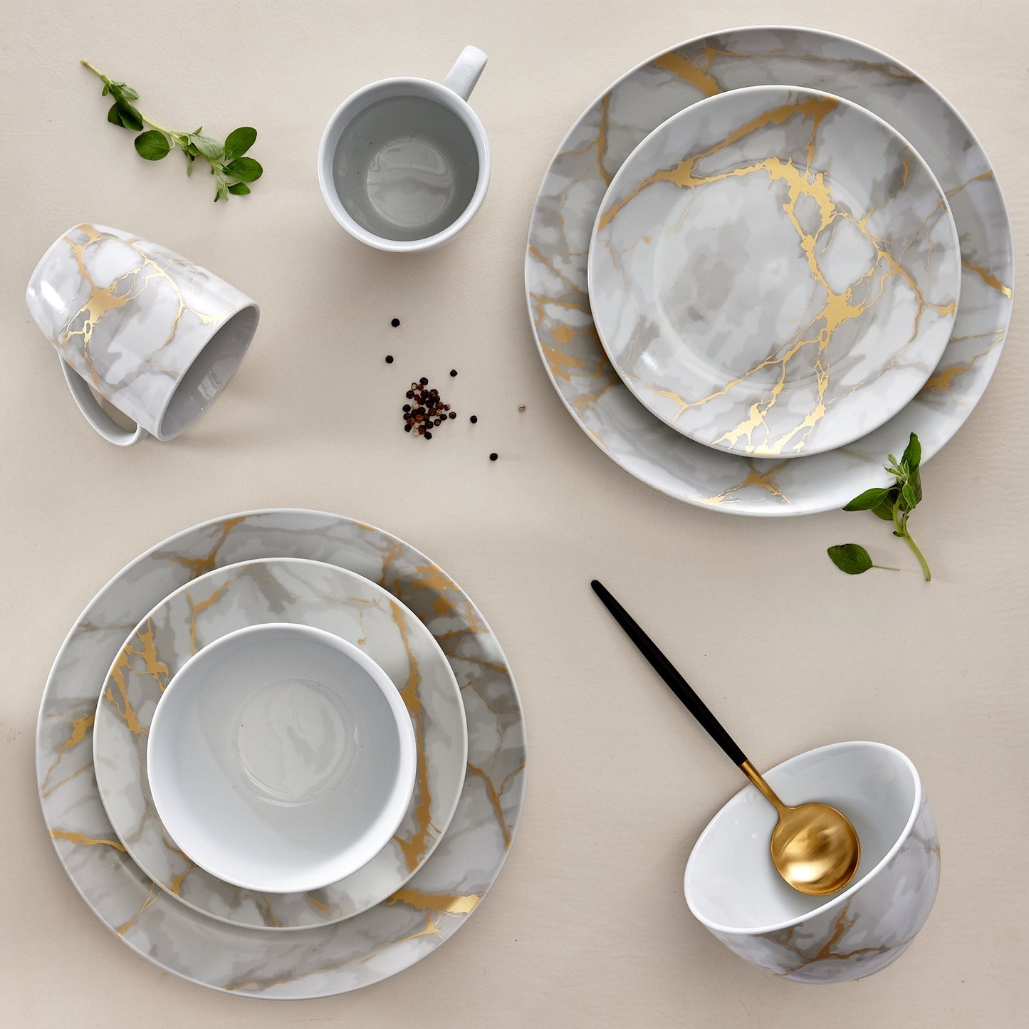 Dinnerware Set 16 Piece Coupe Porcelain Gold Marble Look Service for 4
