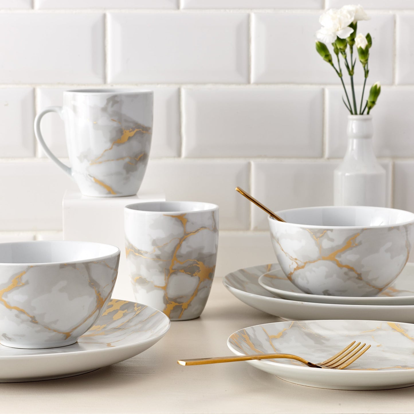 Dinnerware Set 16 Piece Coupe Porcelain Gold Marble Look Service for 4