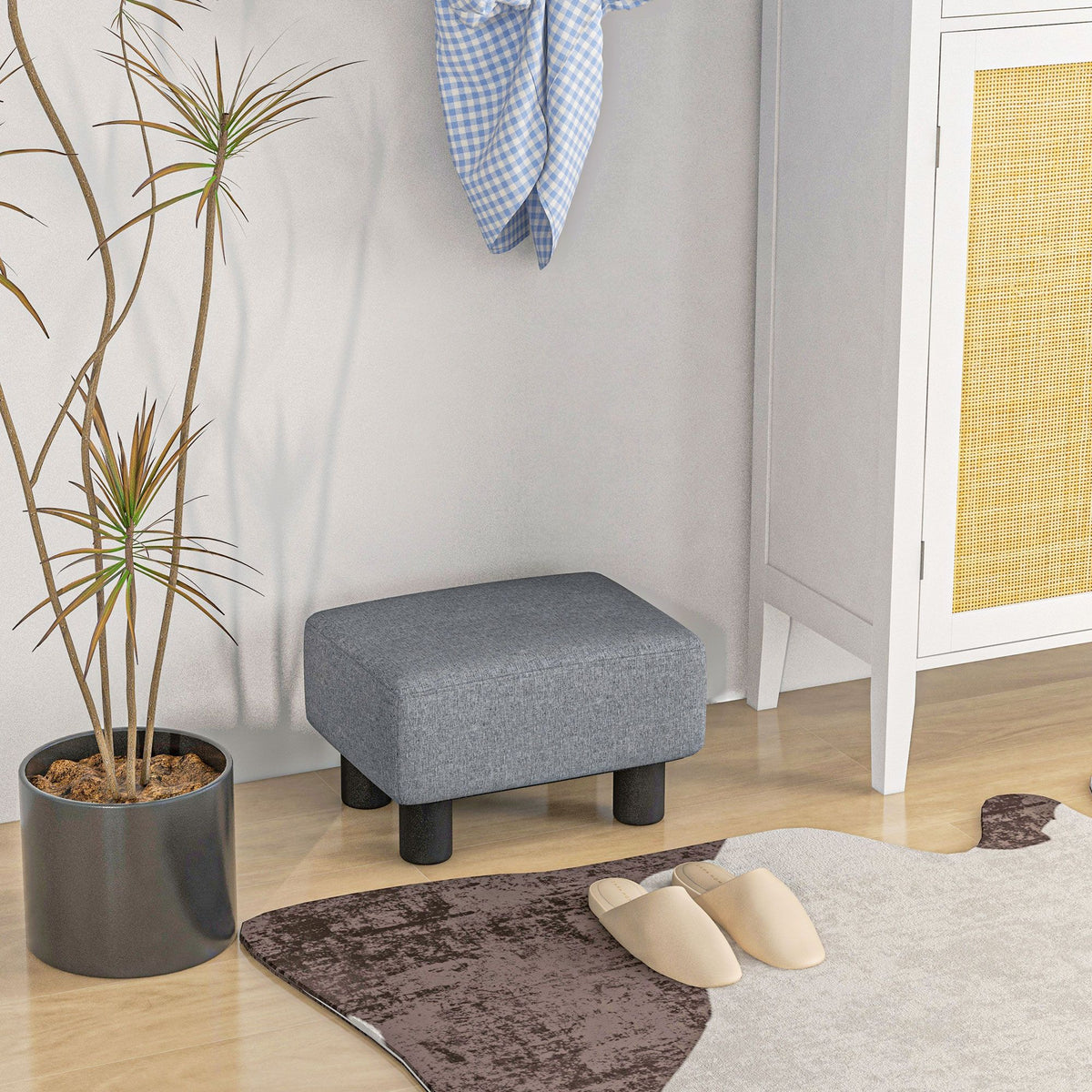 Gray linen ottoman cube footrest pouf, 16 inches.