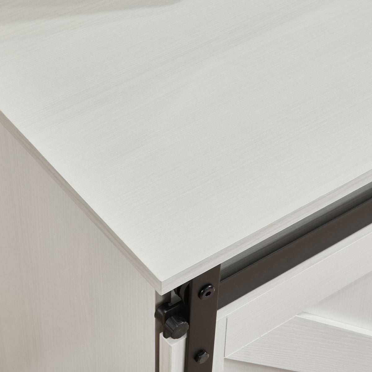 White 58-inch farmhouse TV stand with sliding barn doors and storage.