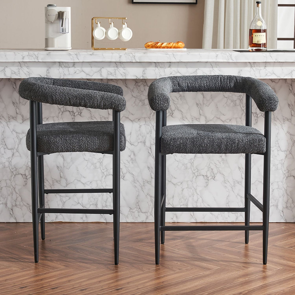 Set of 2 boucle fabric modern upholstered counter height bar stools