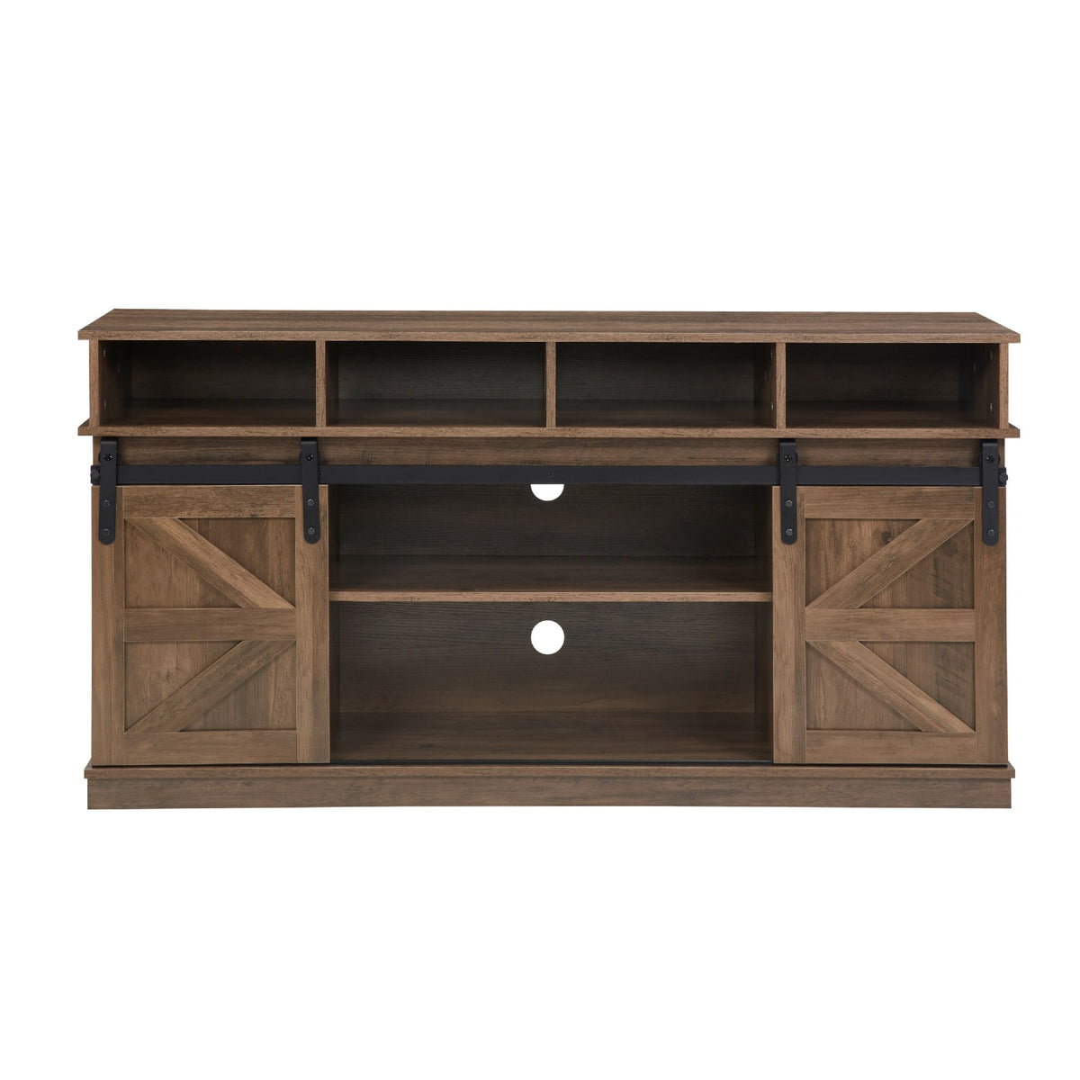 Natural brown farmhouse barn door TV stand with wood storage and entertainment center
