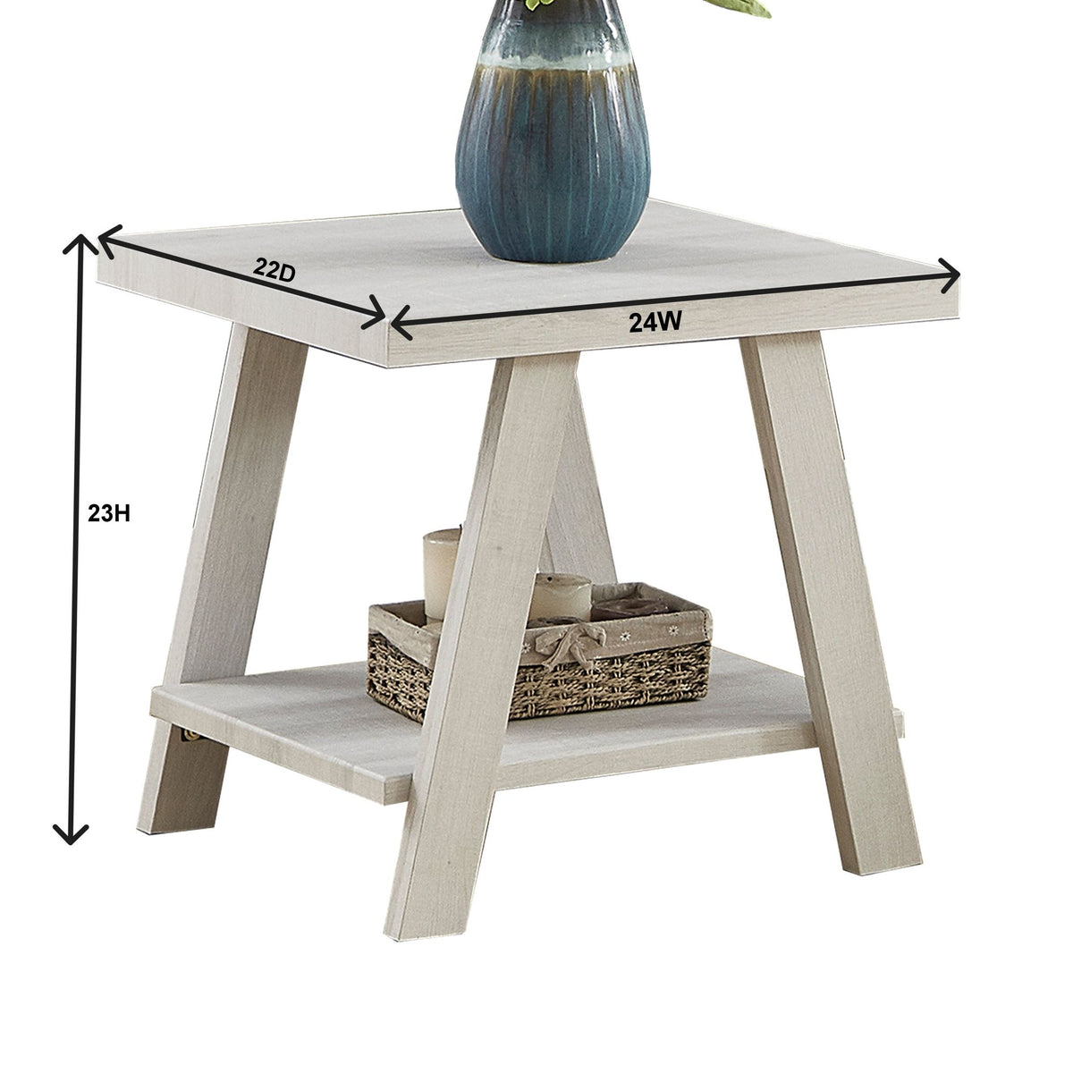 Weathered gray and beige two-tone wood end table with shelf