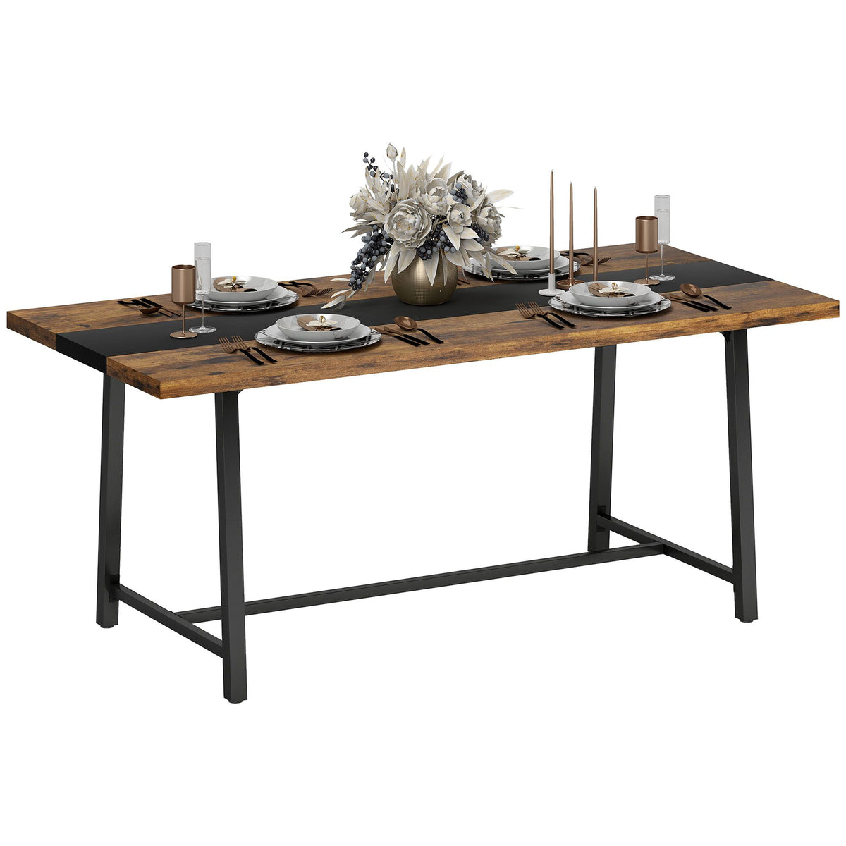 Brown industrial dining table for 8, 70.9 inch tabletop, steel legs