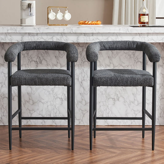 Modern Upholstered Bar Stools Set Of 2 Boucle Fabric Counter Height Chairs - Windsor Park Studio