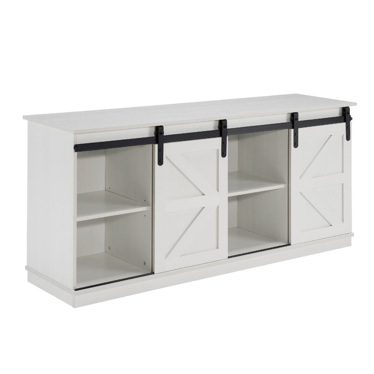 White farmhouse TV stand with sliding barn doors and storage shelves