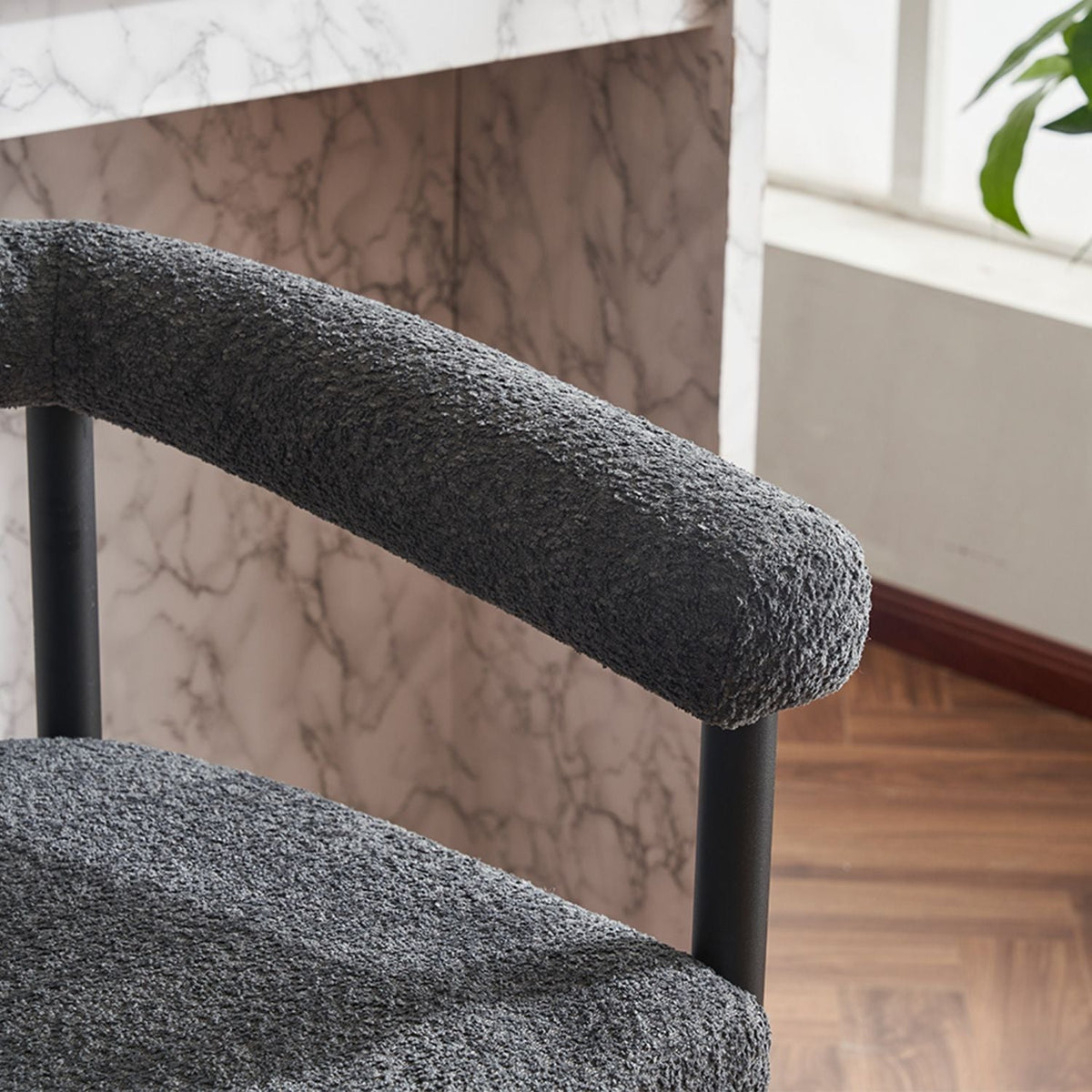 Set of 2 modern boucle upholstered bar stools, counter height.