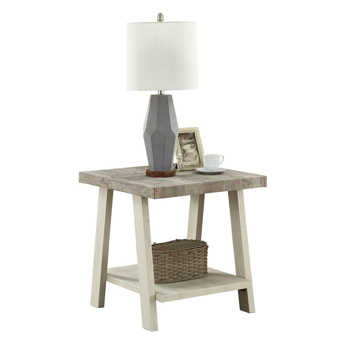 Two-tone weathered gray and beige wood end table with shelf